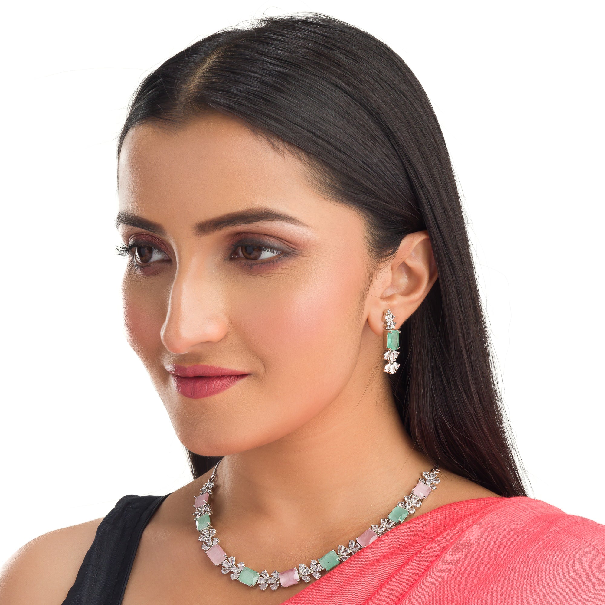 "Trendy pink and green zircon necklace in square design offers chic, modern elegance."