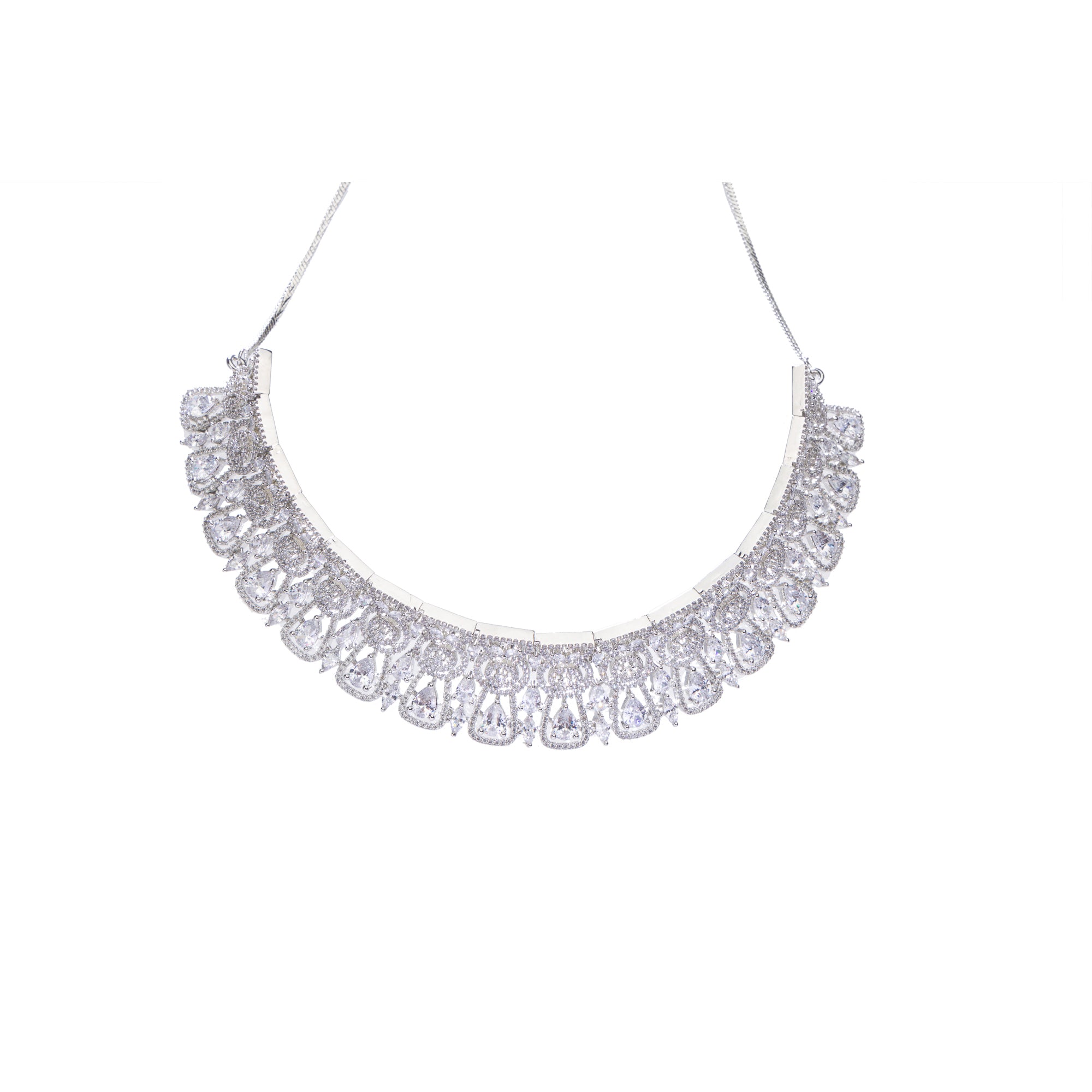 "Heavy white zircon necklace exudes timeless brilliance and sophisticated allure."