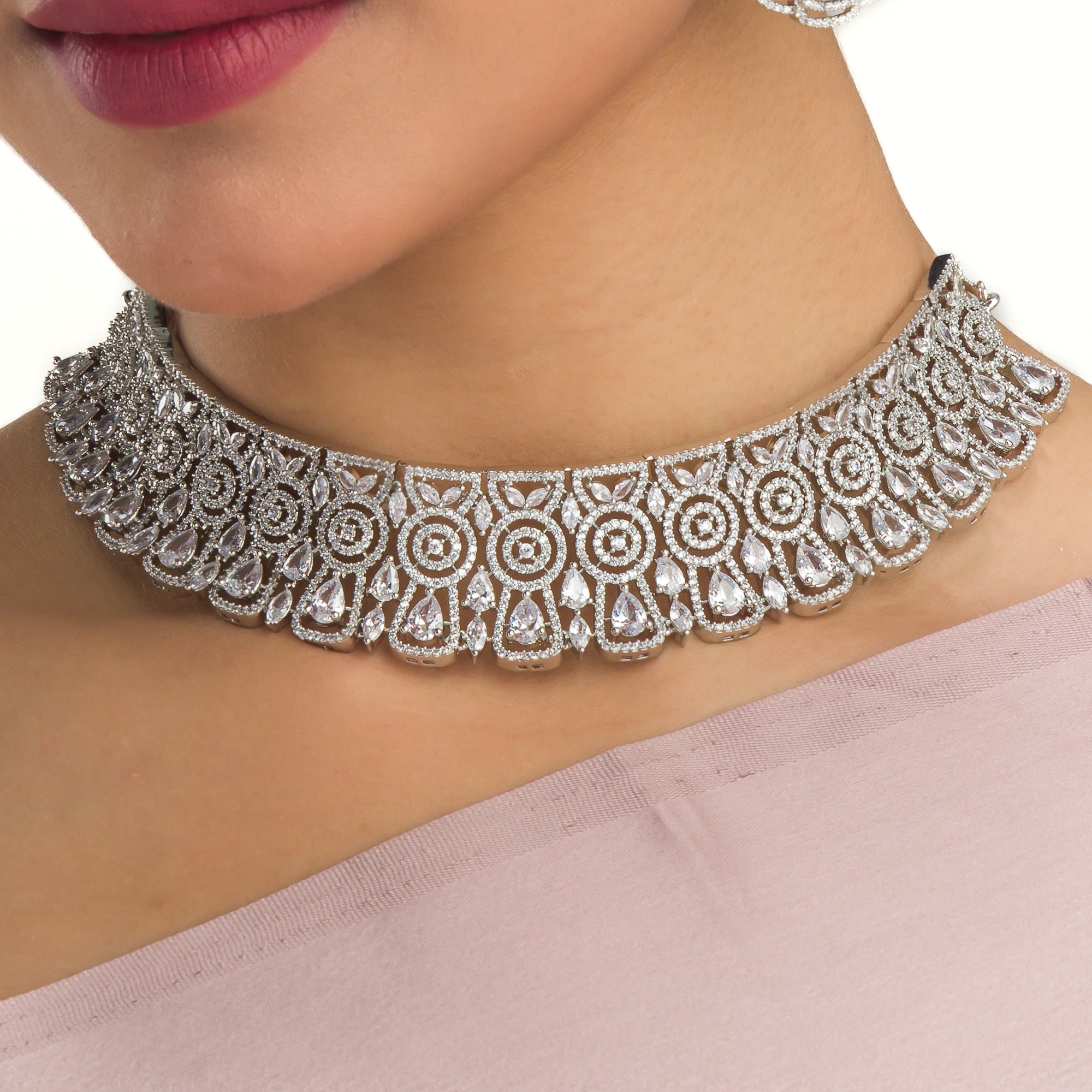 "Heavy white zircon necklace exudes timeless brilliance and sophisticated allure."