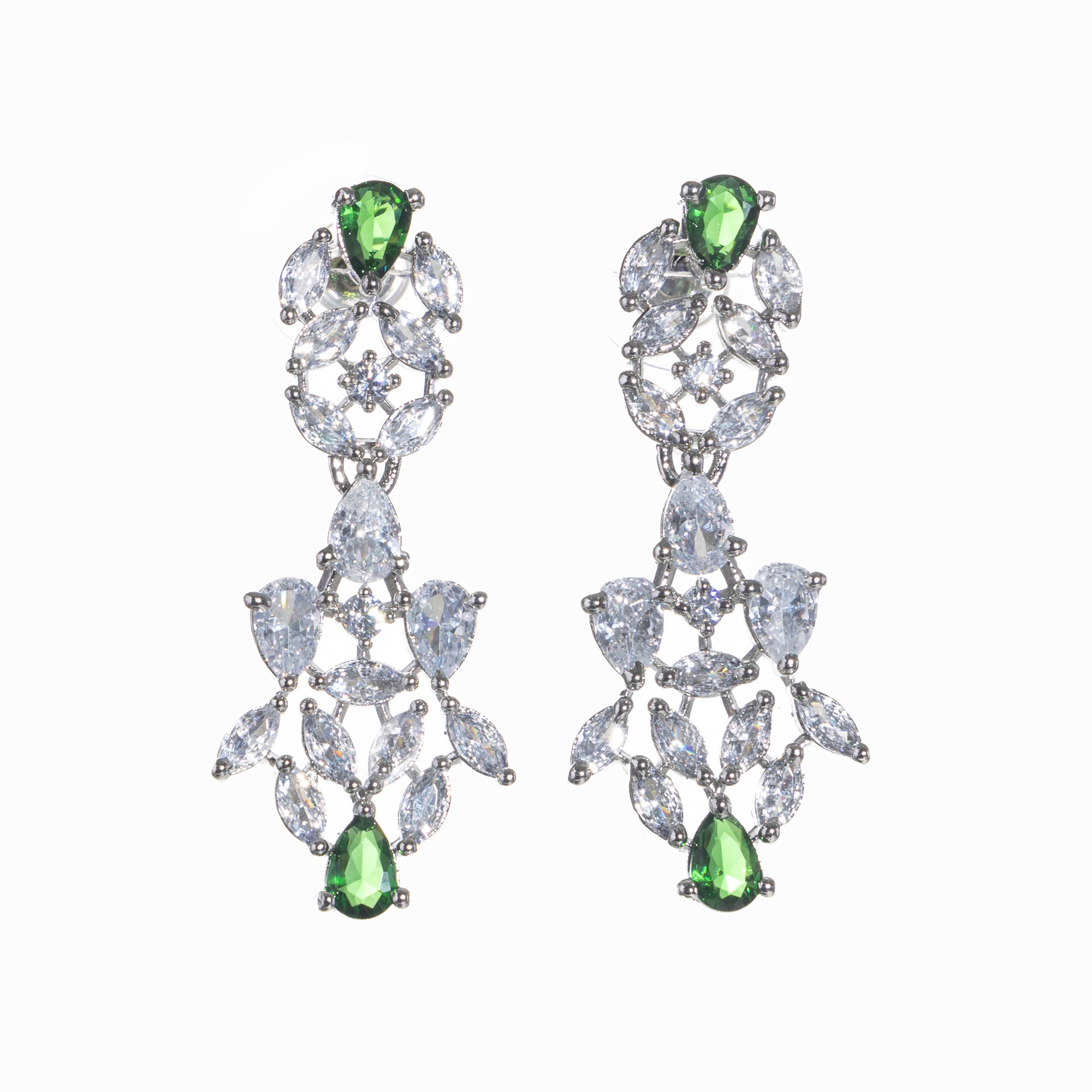 "Green and white zircon necklace in floral design adds vibrant, floral elegance."