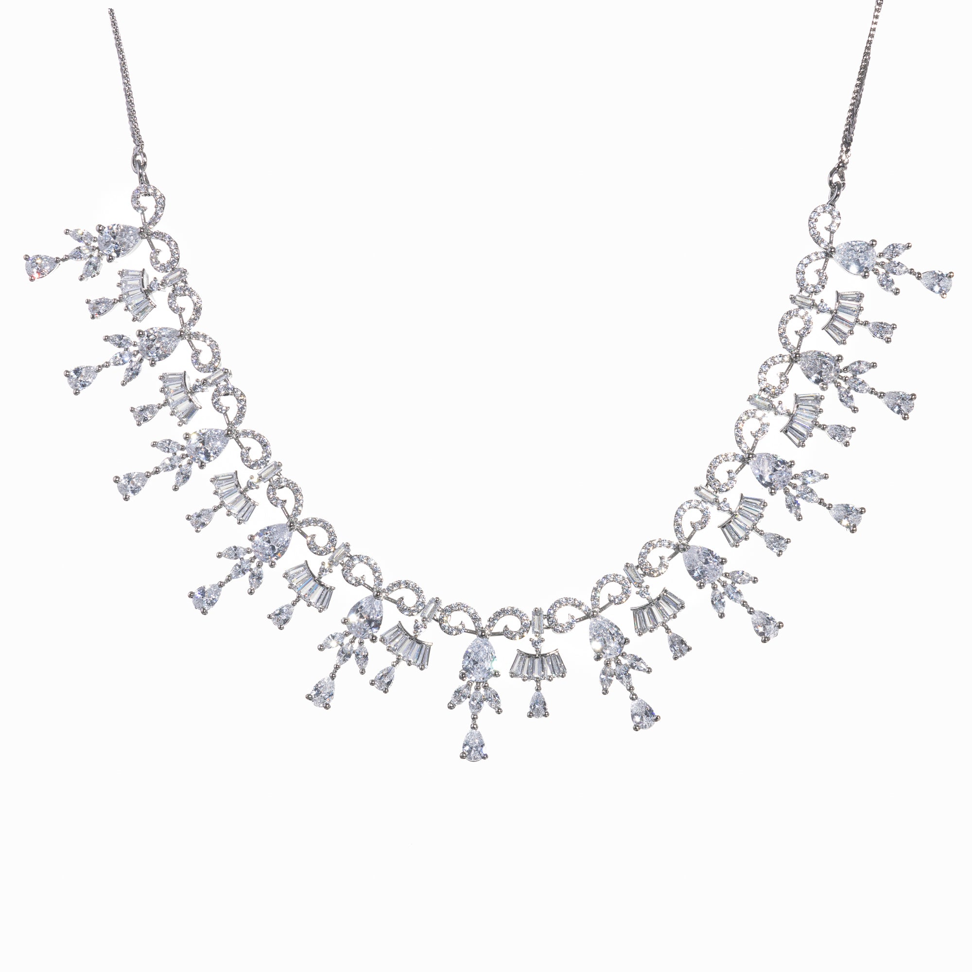 "Zircon necklace sparkles with dazzling brilliance for a sophisticated look."