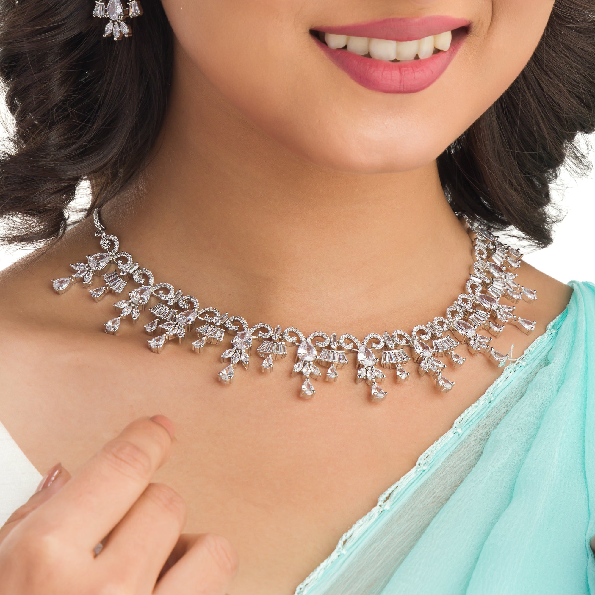 "Zircon necklace sparkles with dazzling brilliance for a sophisticated look."