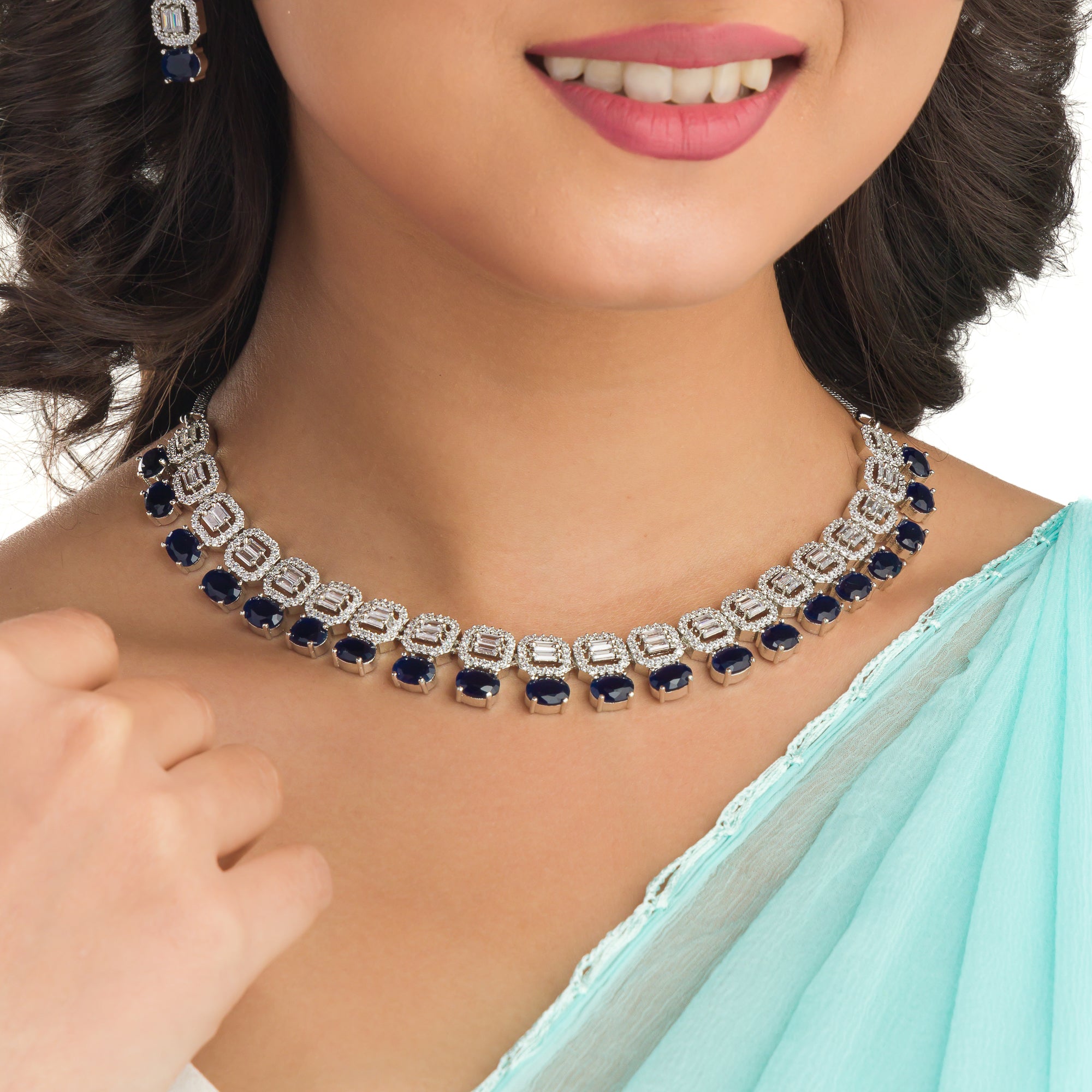"Dark blue zircon square necklace adds bold sophistication and deep color."
