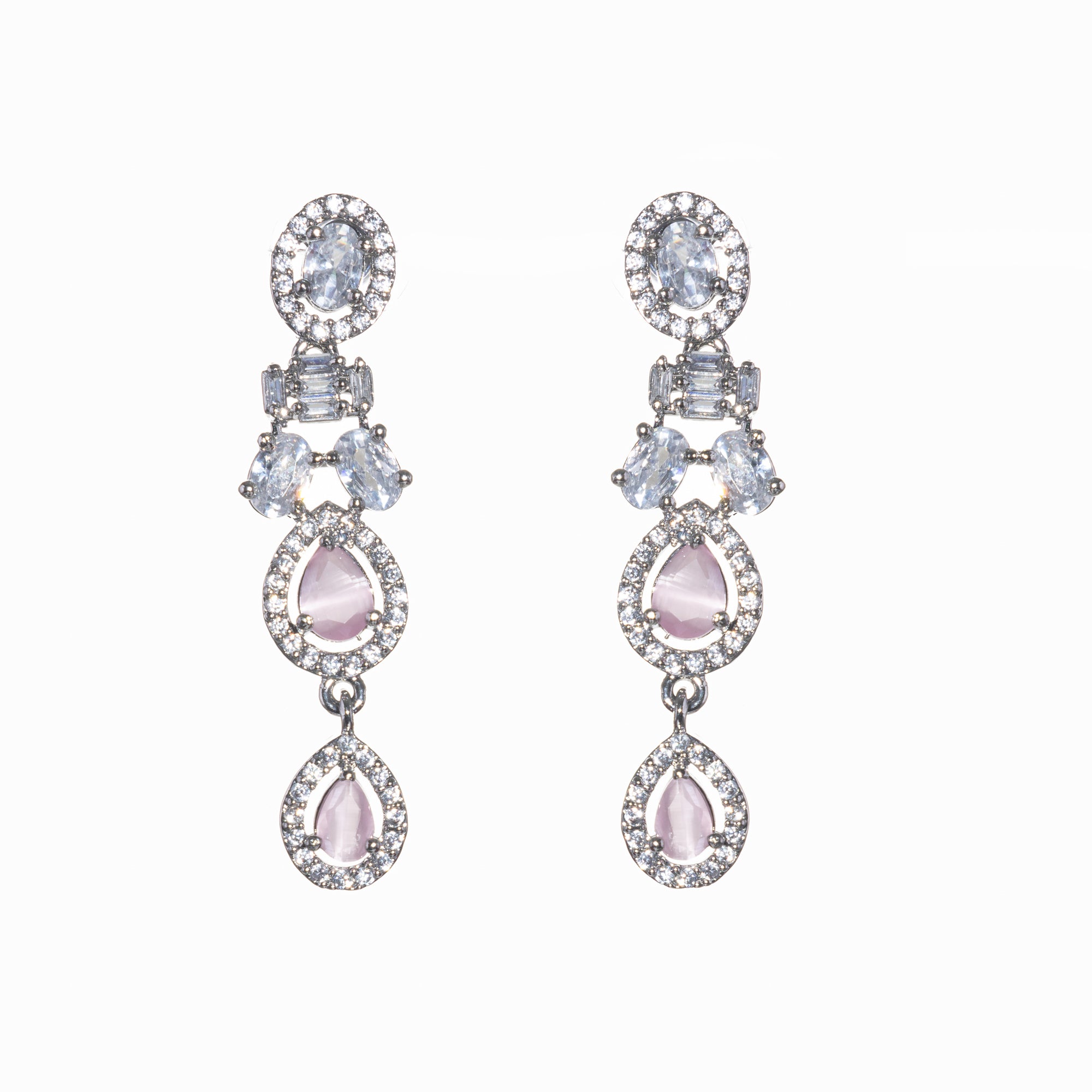 1. "Pink and white zircon necklace with silver polish creates a stunning, radiant look."