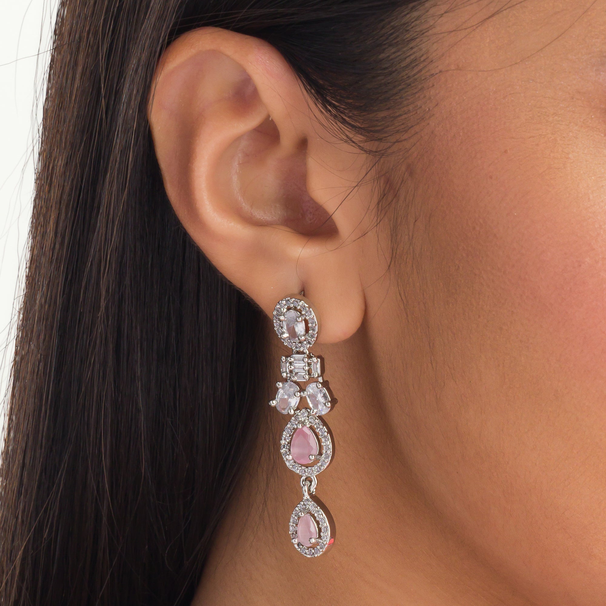 "Pink and white zircon necklace with silver polish creates a stunning, radiant look."