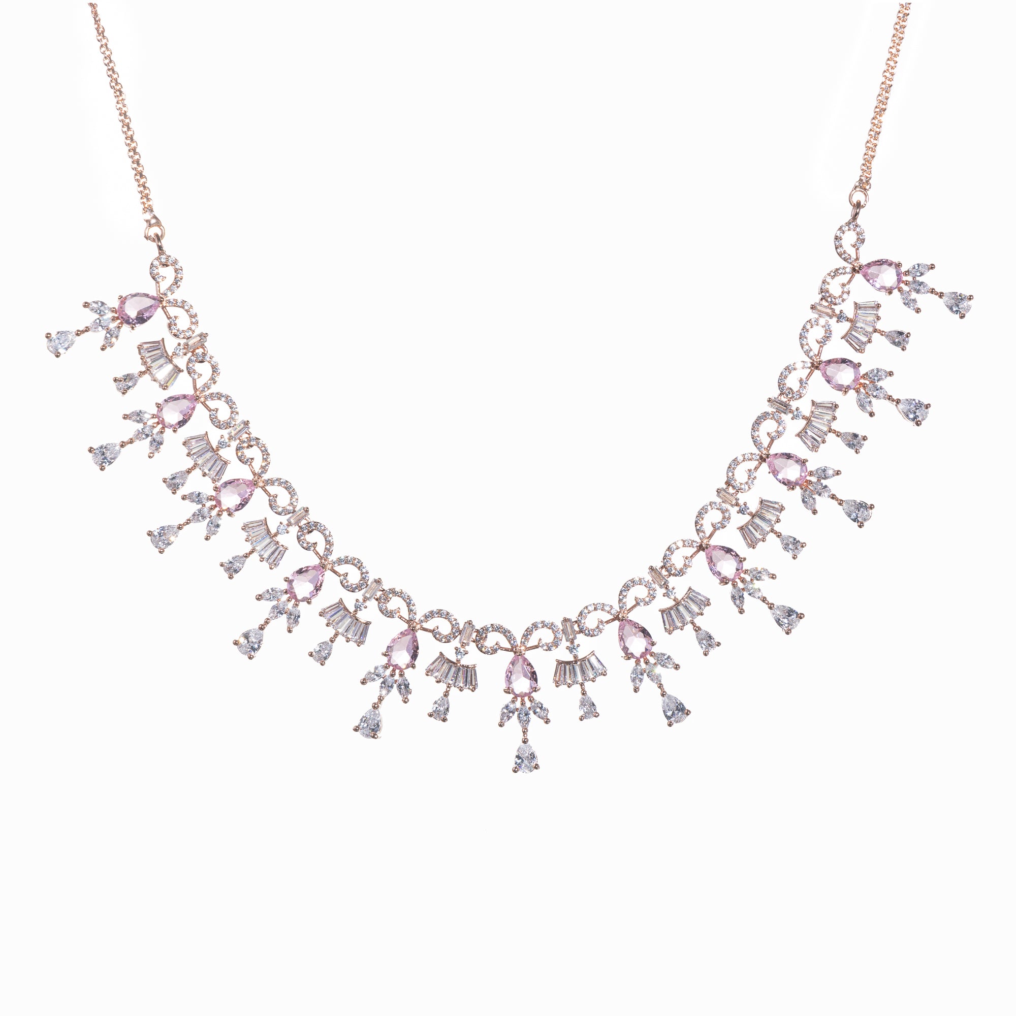 "Pink and white zircon necklace with rose gold polish offers a stunning, radiant look."