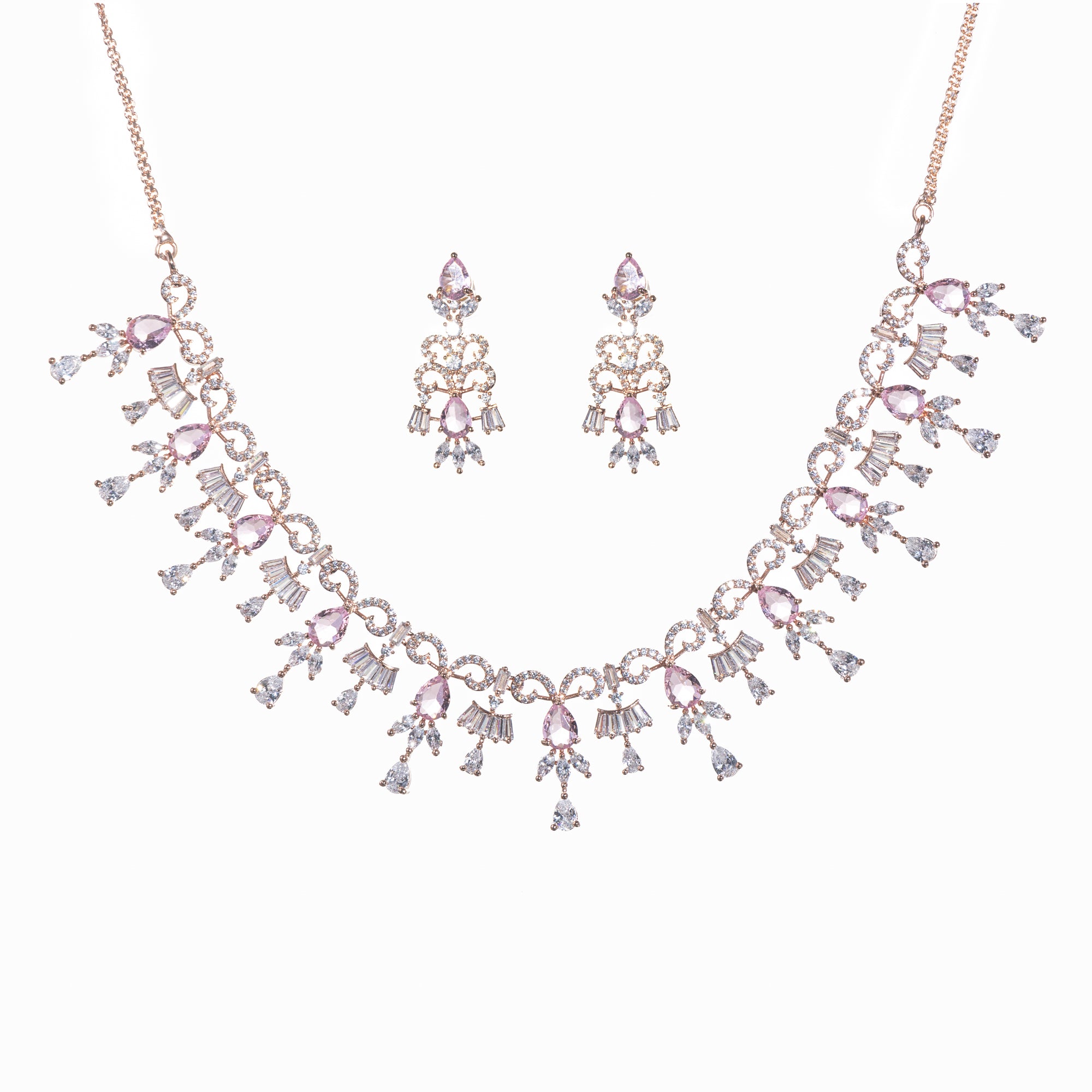 "Pink and white zircon necklace with rose gold polish offers a stunning, radiant look."