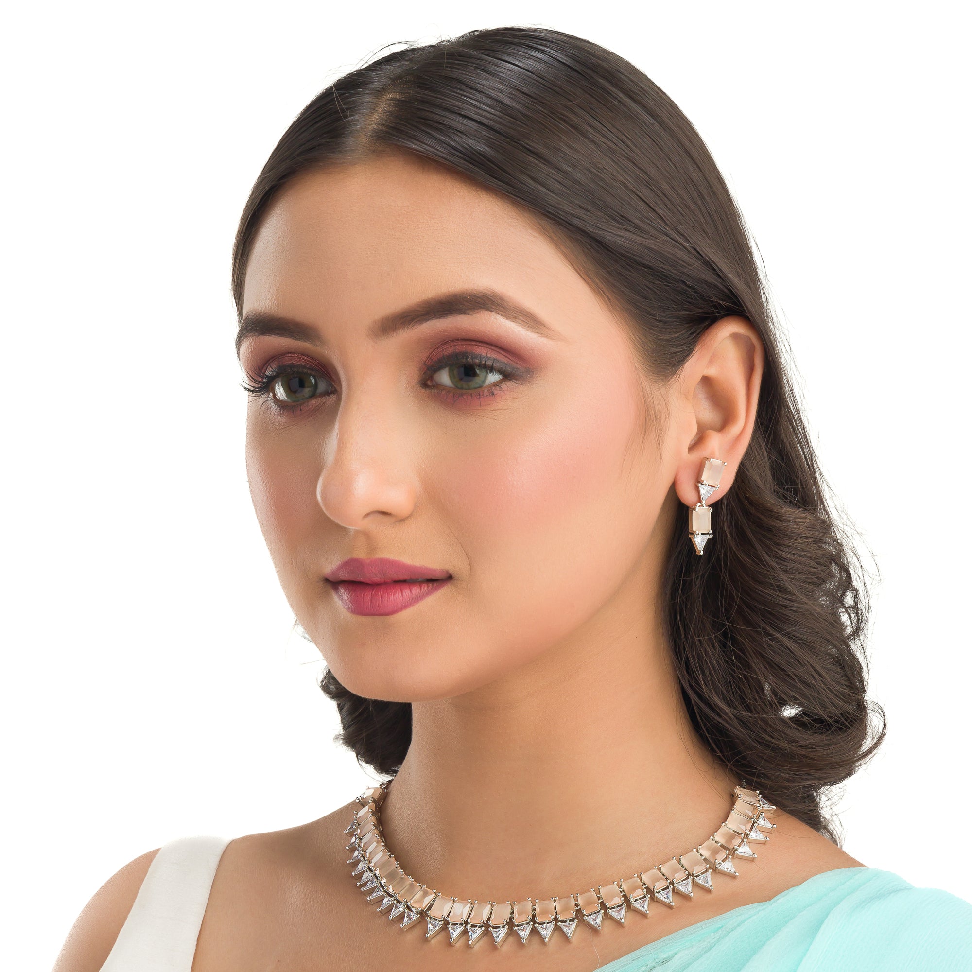 "Bronze and white zircon necklace exudes elegant contrast for a refined finish."