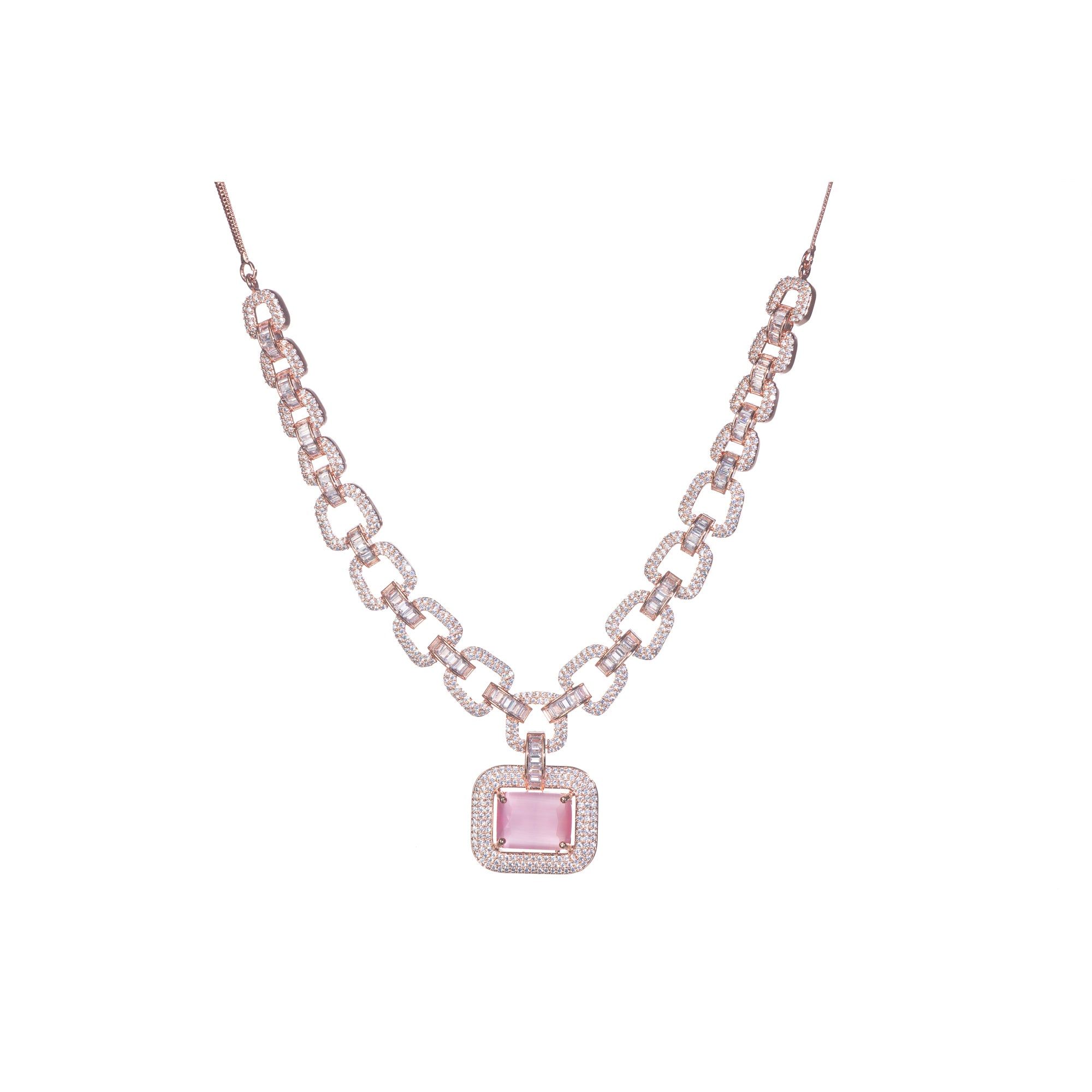 "Pink square and white zircon necklace with rose gold polish shines elegantly."