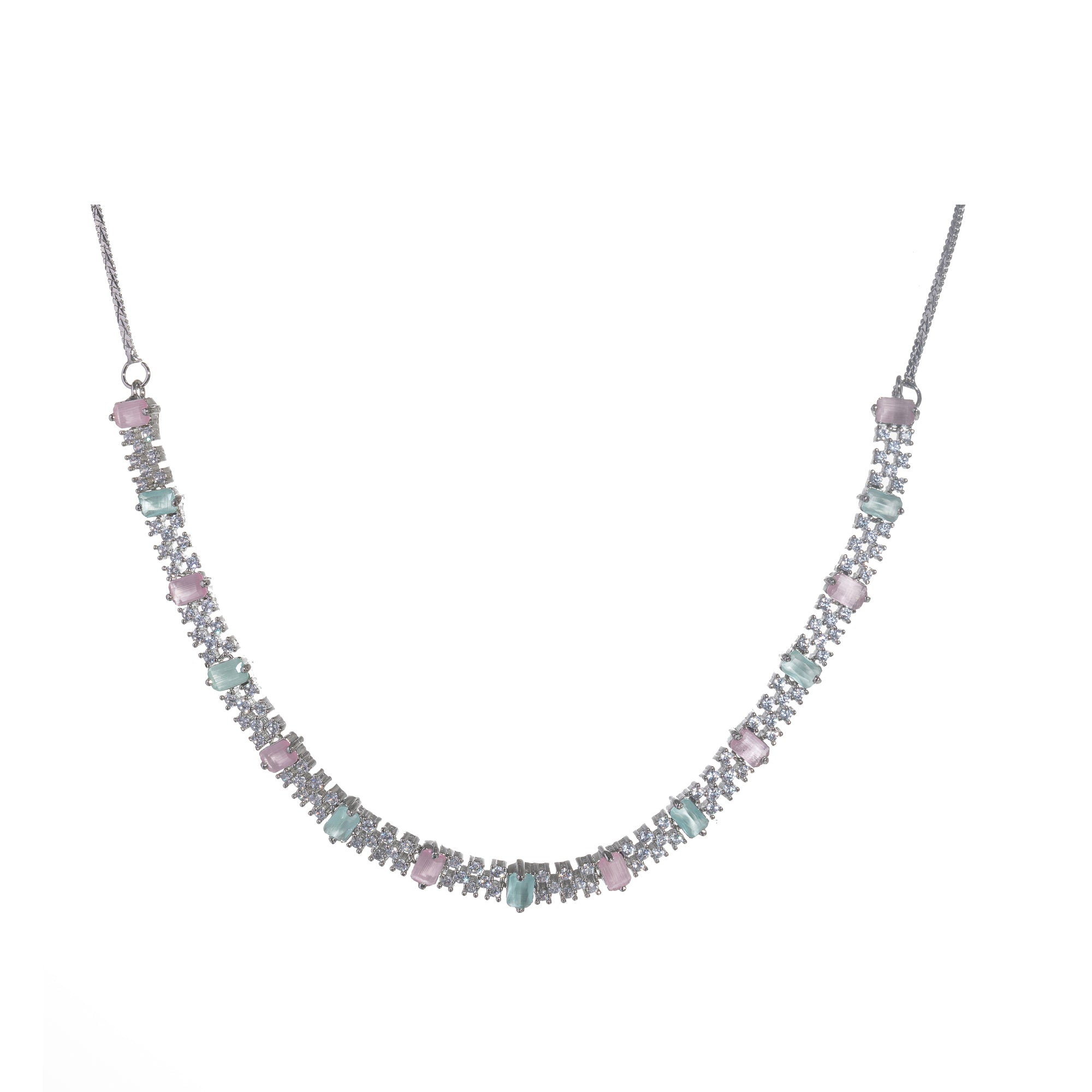 "Vibrant pink and green zircon necklace offers an eye-catching, colorful design."