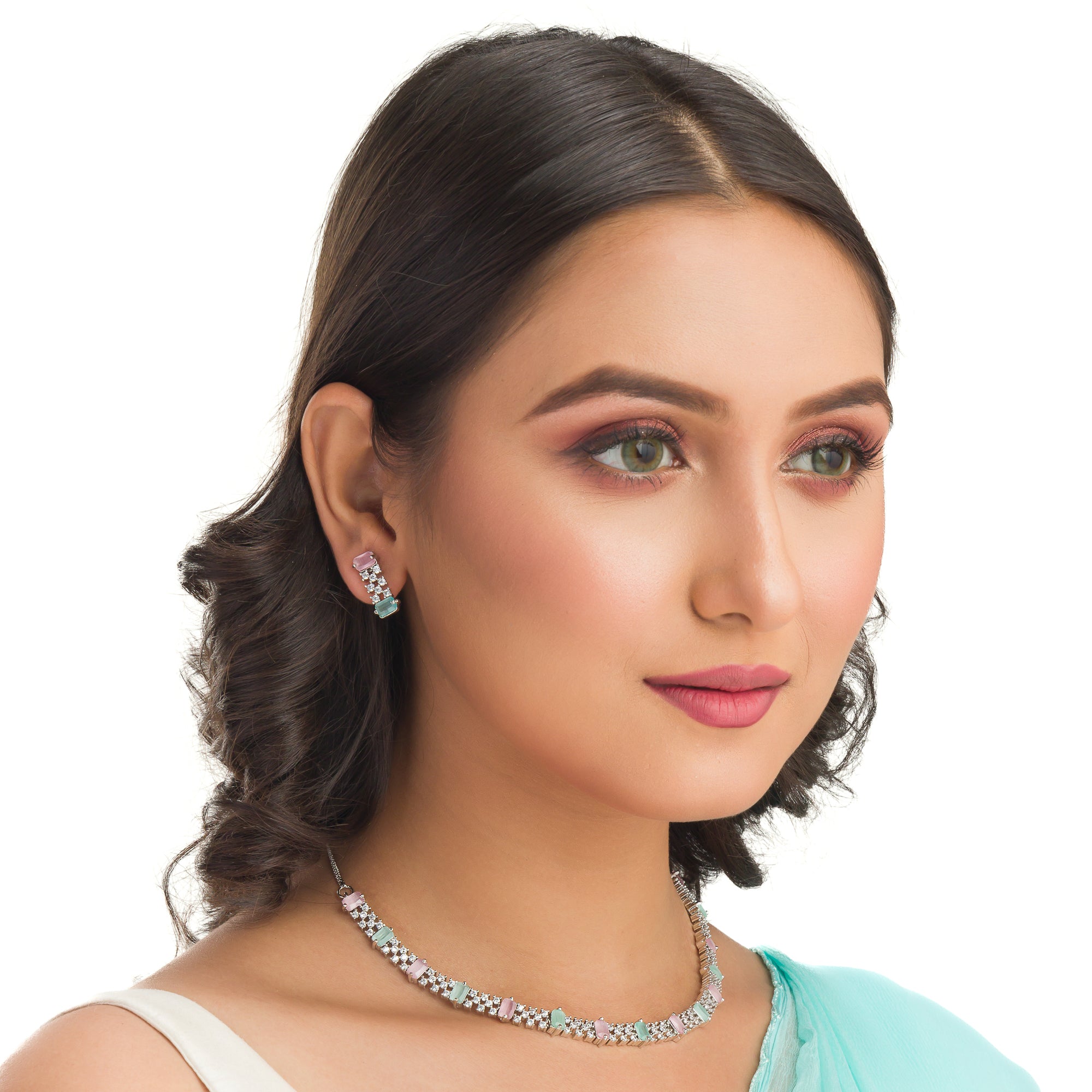 "Vibrant pink and green zircon necklace offers an eye-catching, colorful design."