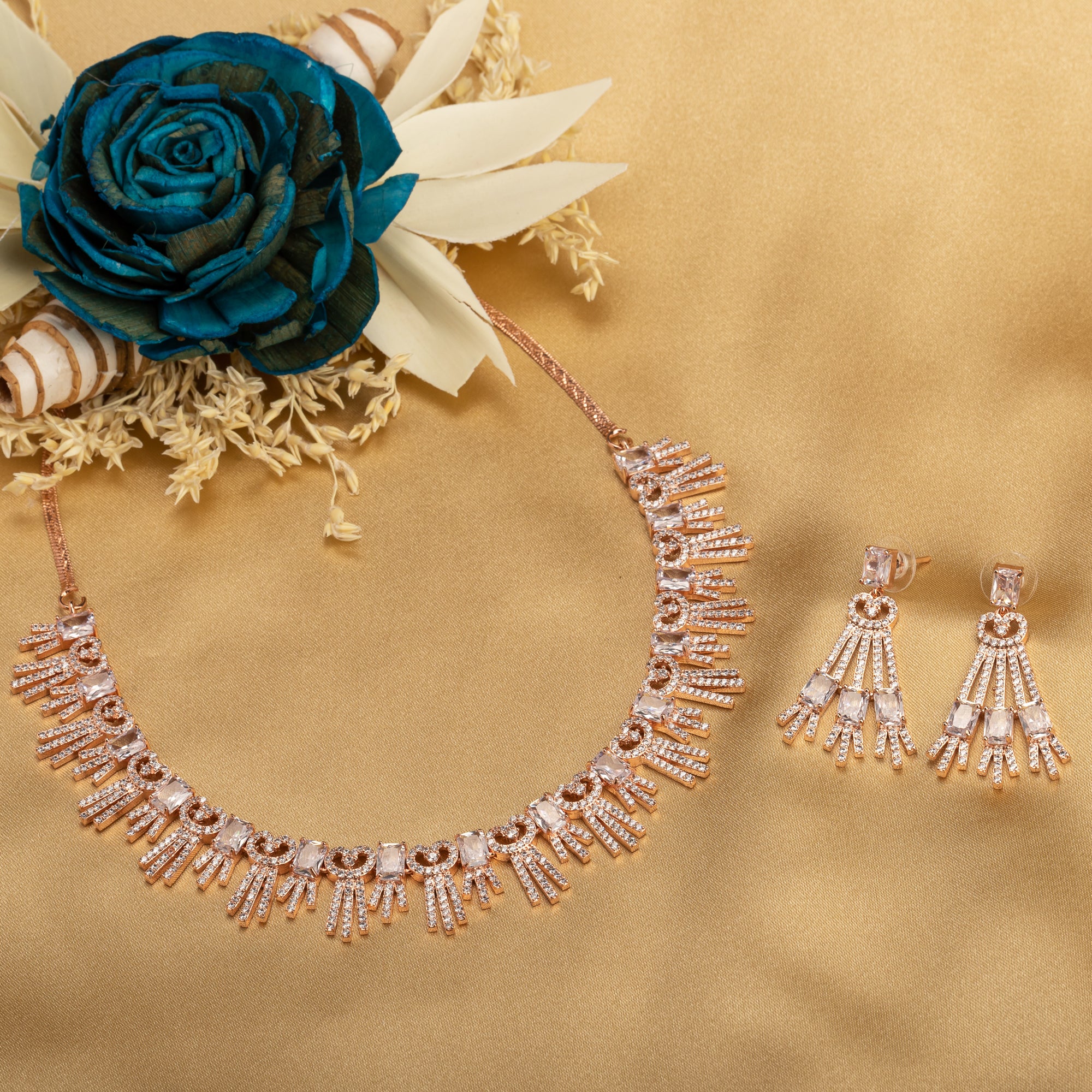 "Elegant rose gold zircon necklace exudes sophistication with timeless sparkle."