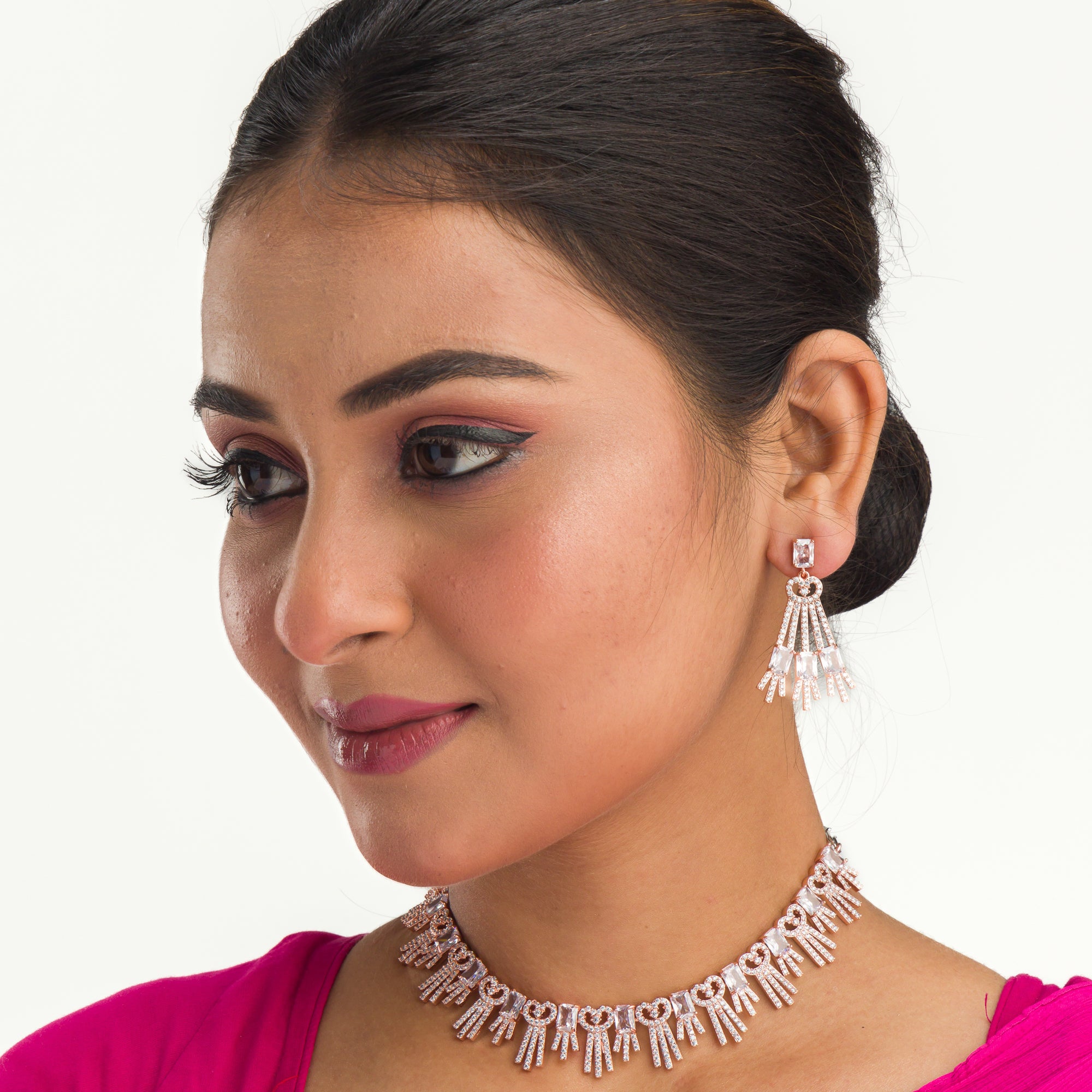 "Elegant rose gold zircon necklace exudes sophistication with timeless sparkle."