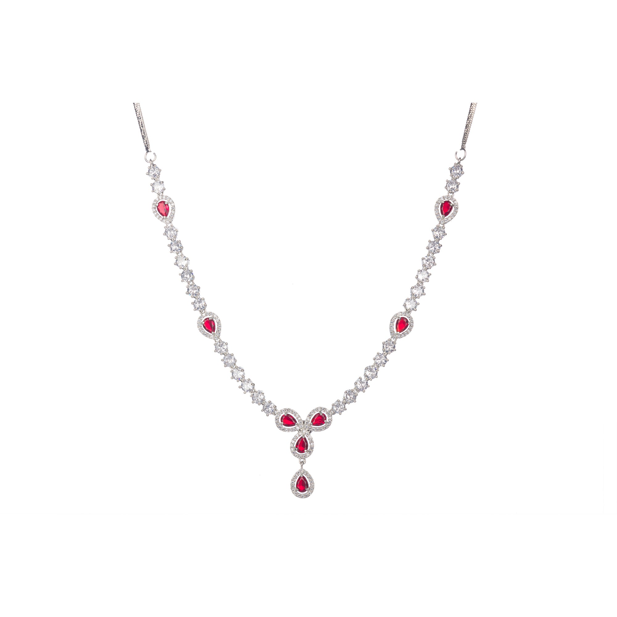 "Silver zircon necklace with maroon stone offers sophisticated, striking contrast."