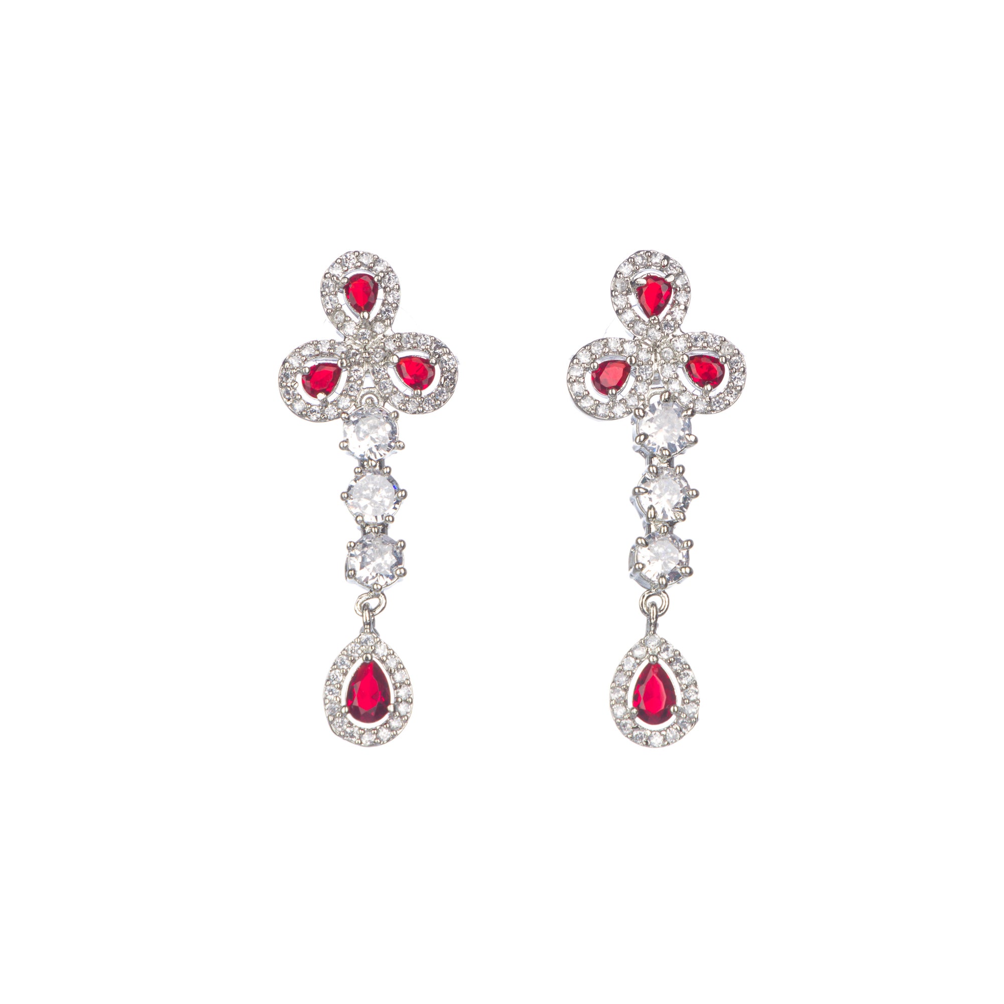 "Silver zircon necklace with maroon stone offers sophisticated, striking contrast."