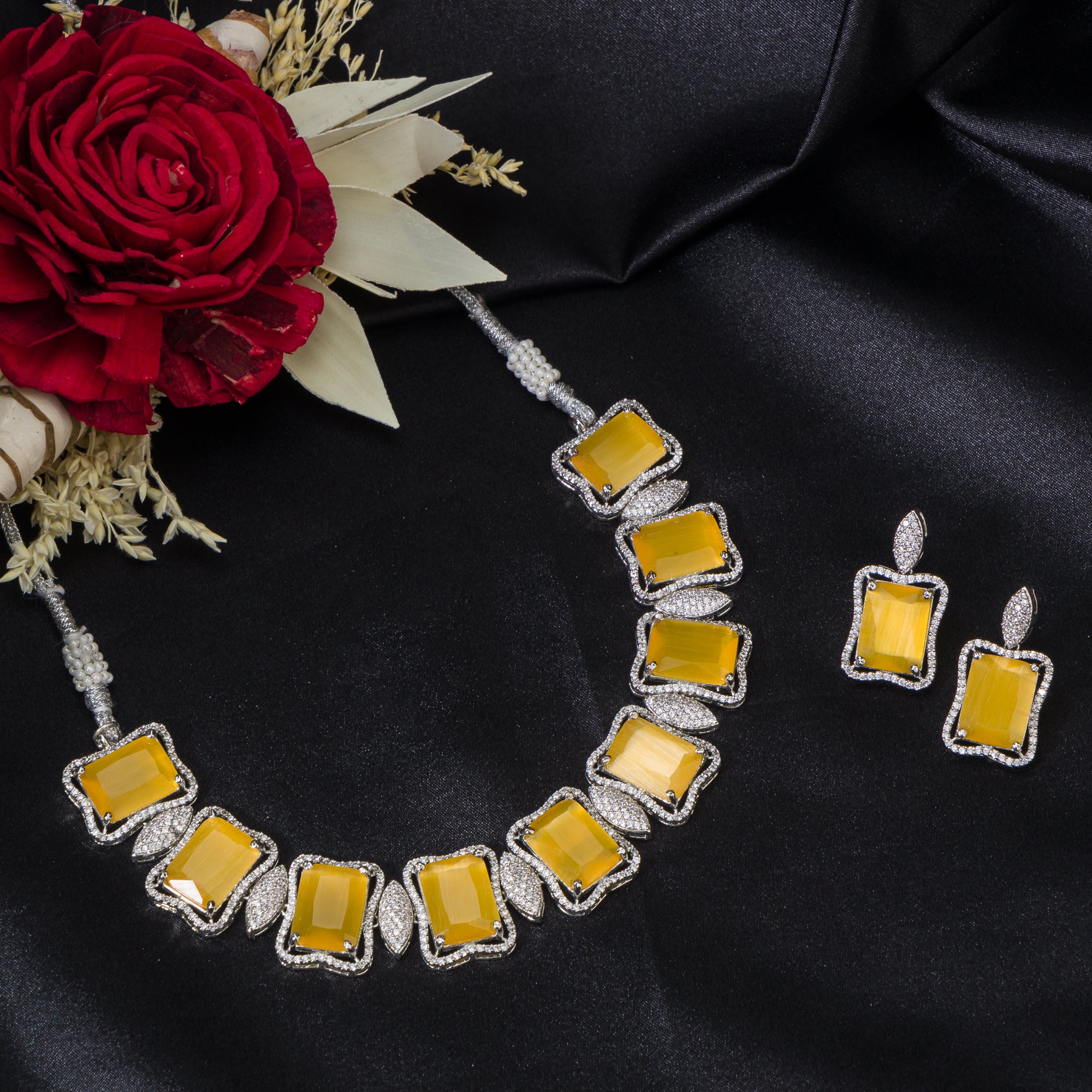 Yellow and white zircon necklace dazzles with vibrant contrast, perfect for party occasions