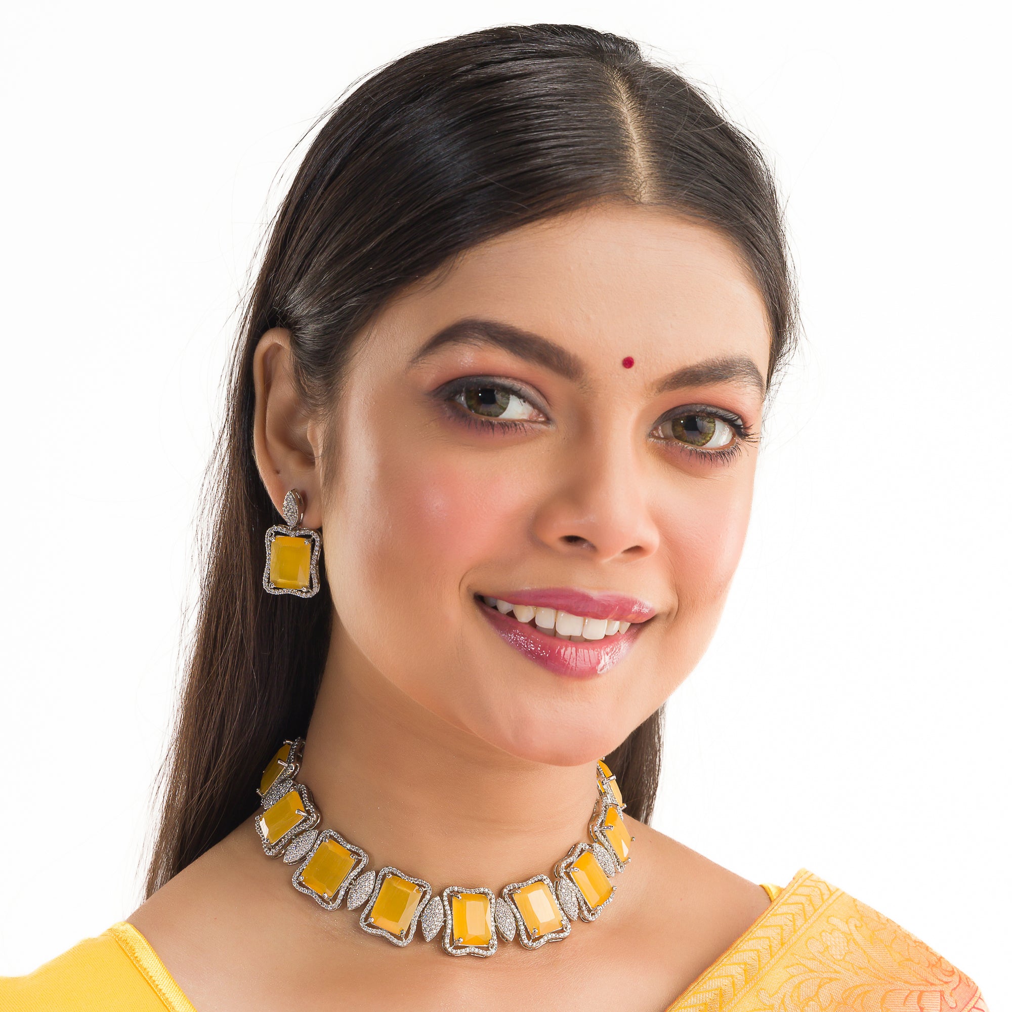 Yellow and white zircon necklace dazzles with vibrant contrast, perfect for party occasions