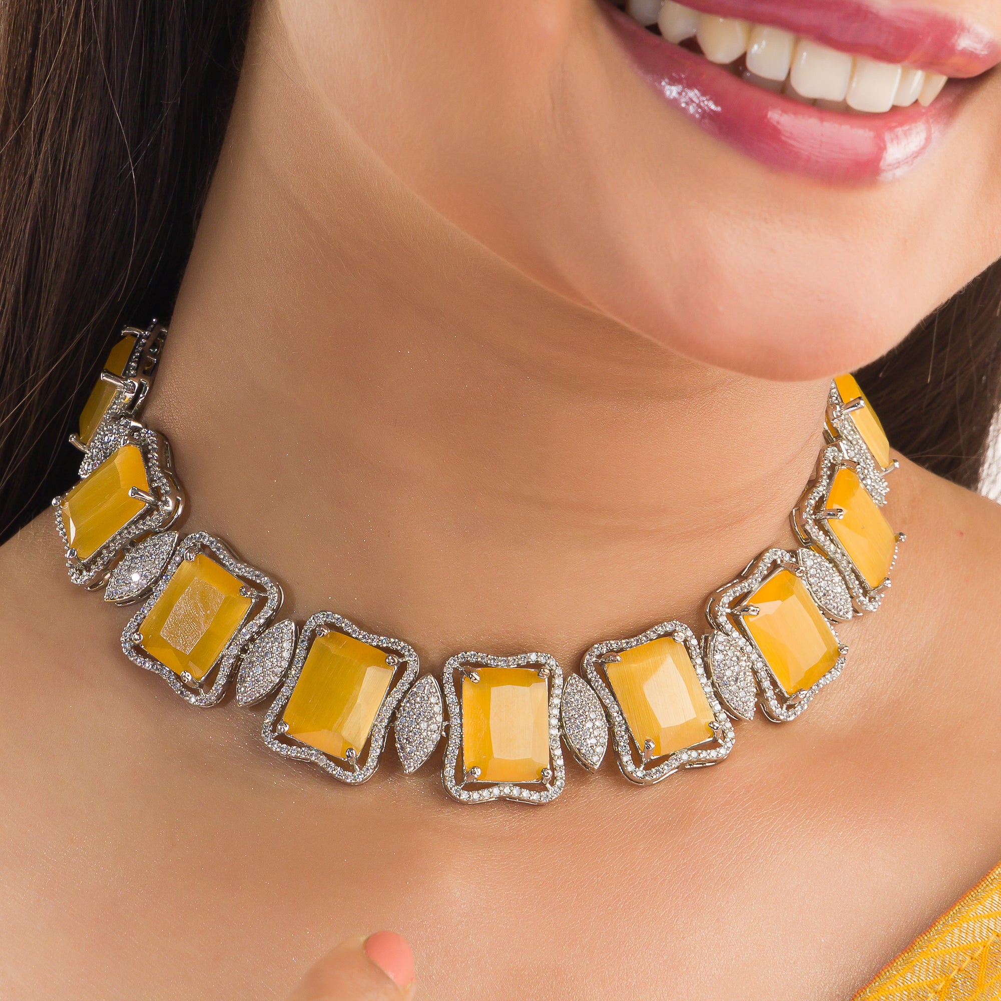 Yellow and white zircon necklace dazzles with vibrant contrast, perfect for party occasions