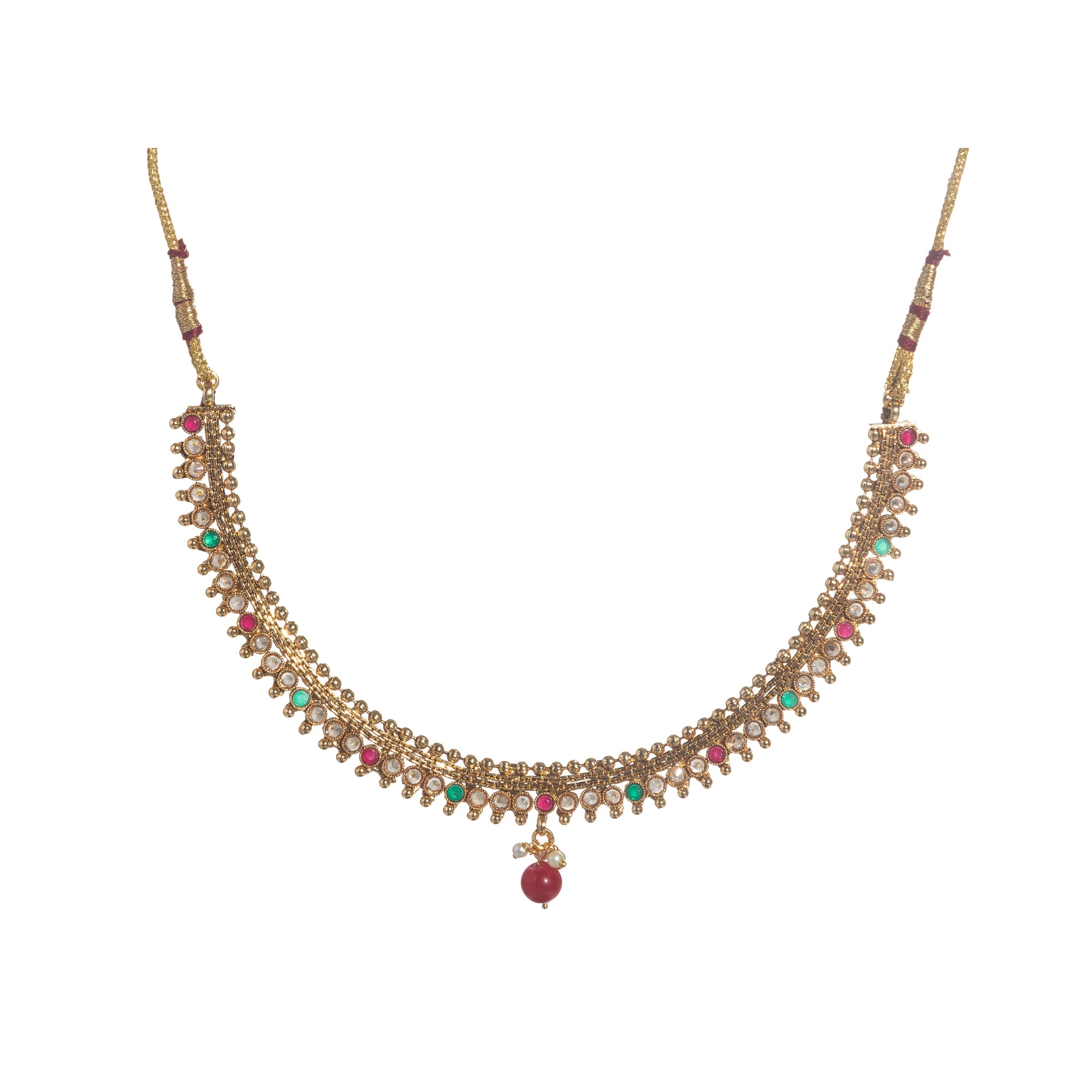 Gold-tone necklace with matching Maang Tikka offers a traditional and elegant festival ensemble.