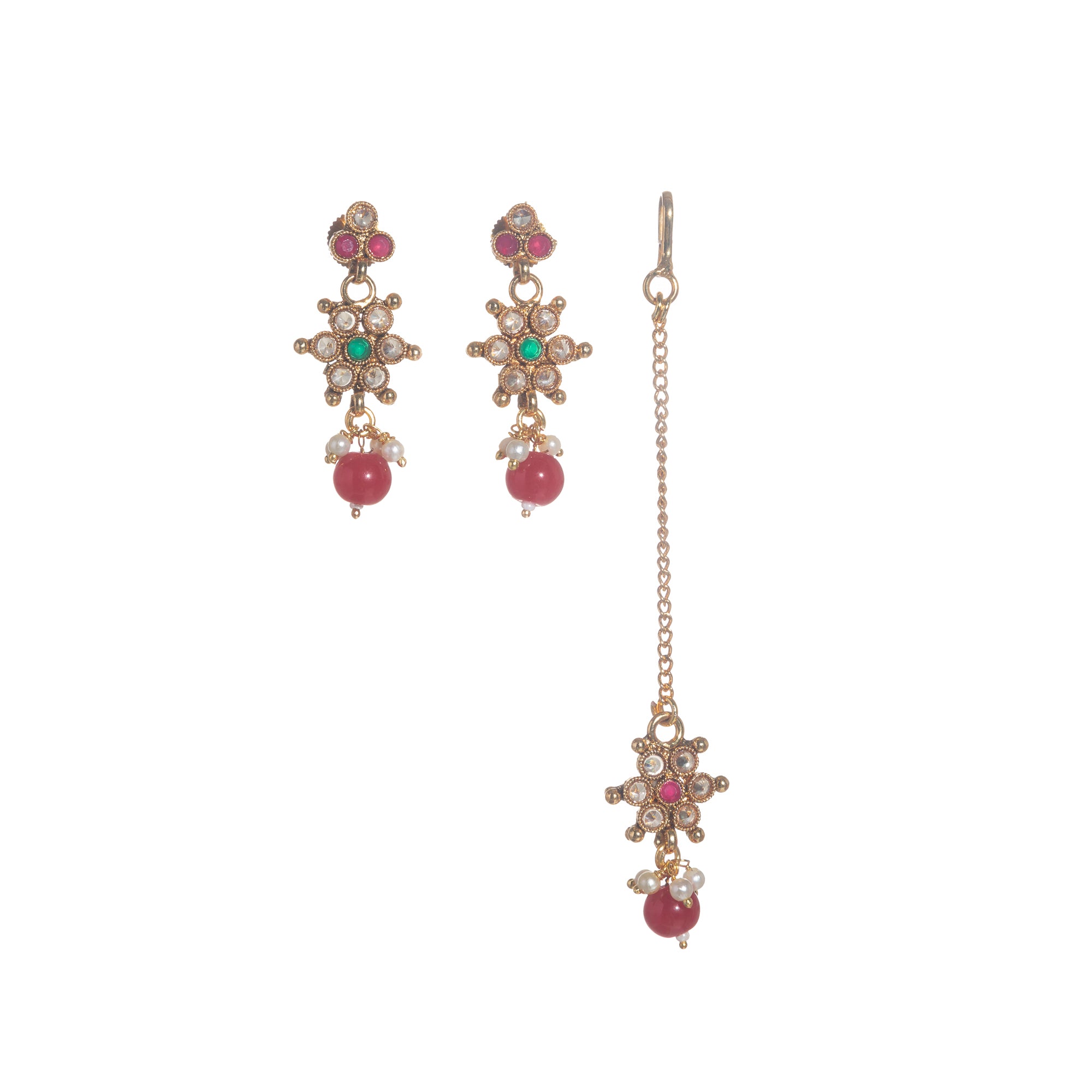 Gold-tone necklace with matching Maang Tikka offers a traditional and elegant festival ensemble.