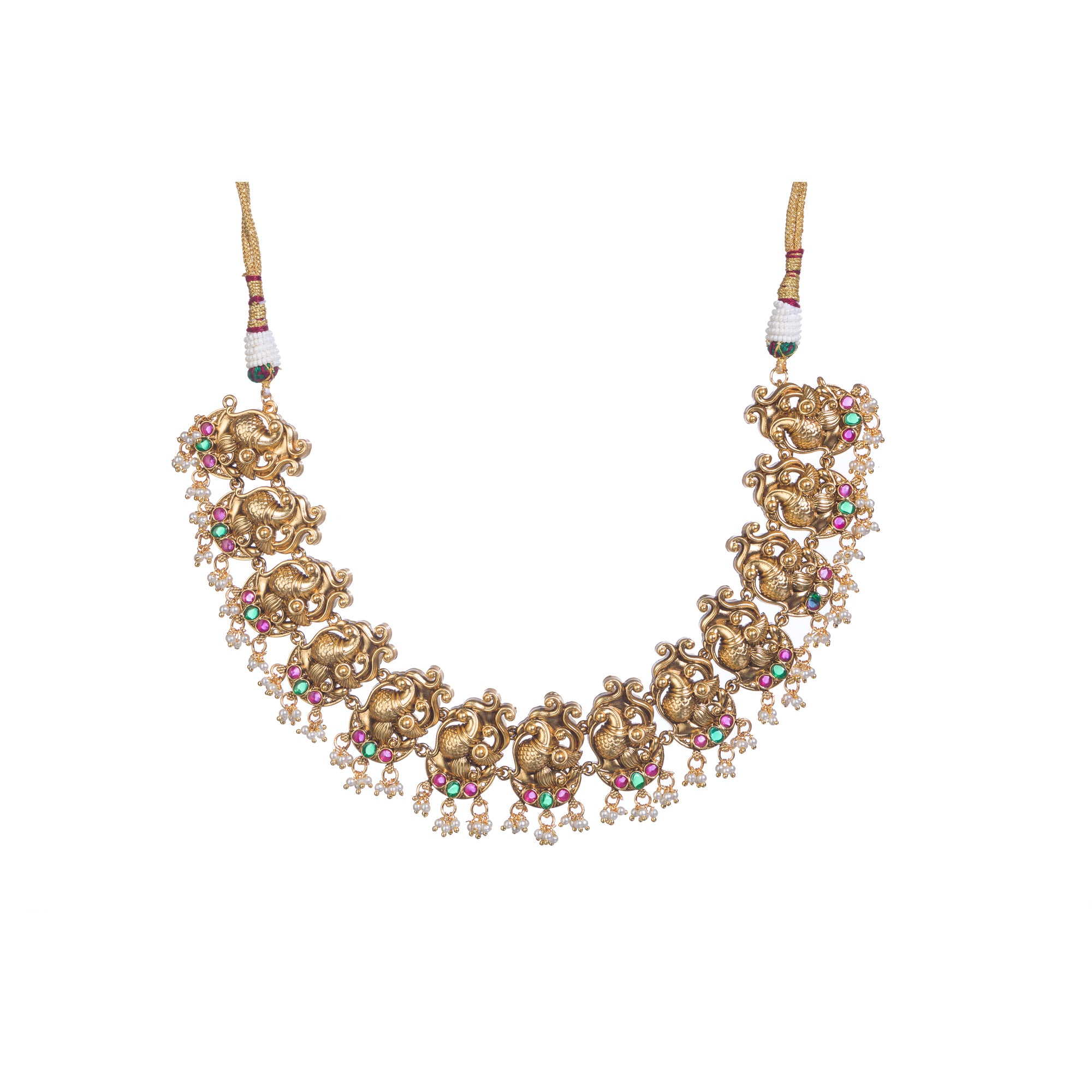 Vibrant gold-tone necklace with red, green stones, and white pearls for a stunning party look.