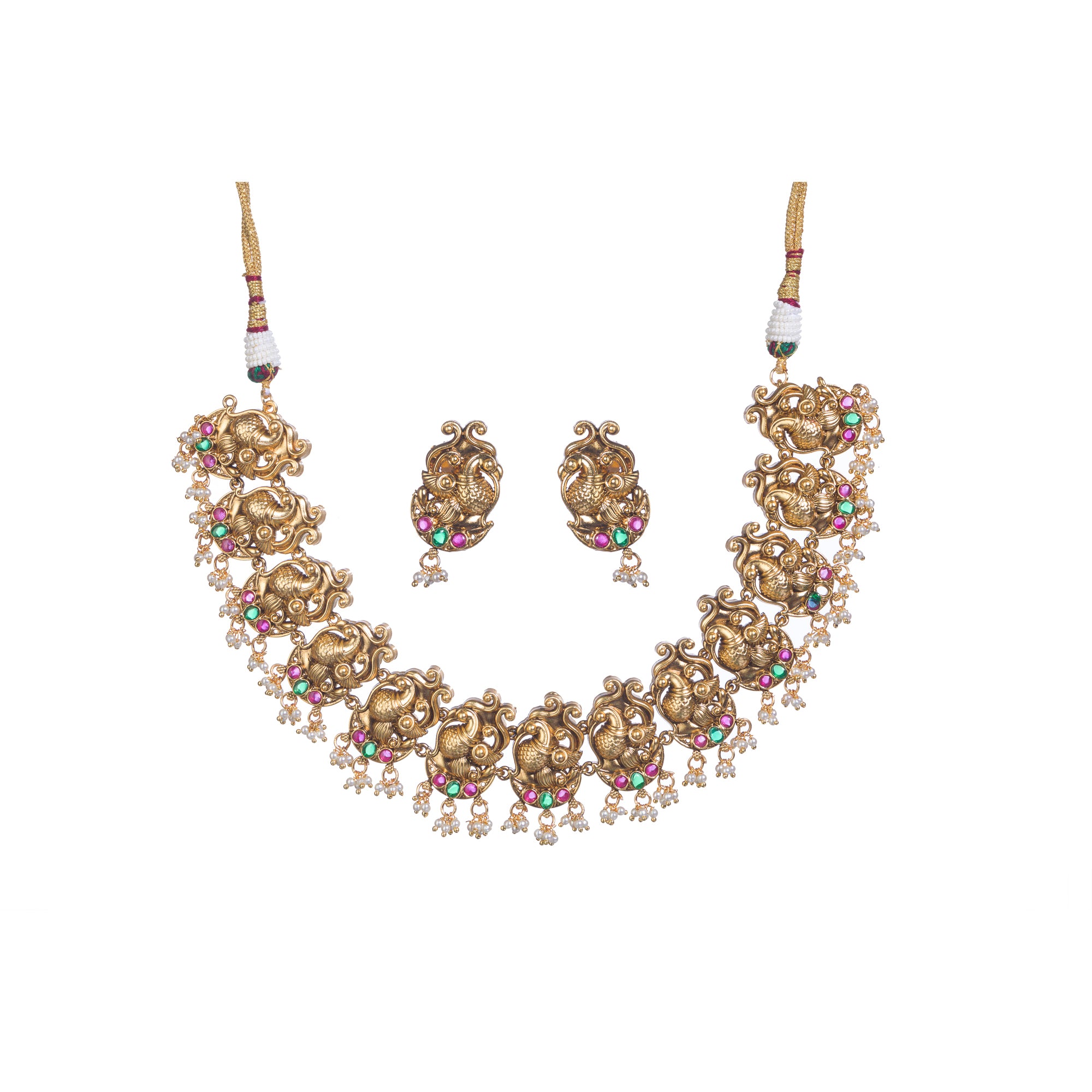 Vibrant gold-tone necklace with red, green stones, and white pearls for a stunning party look.