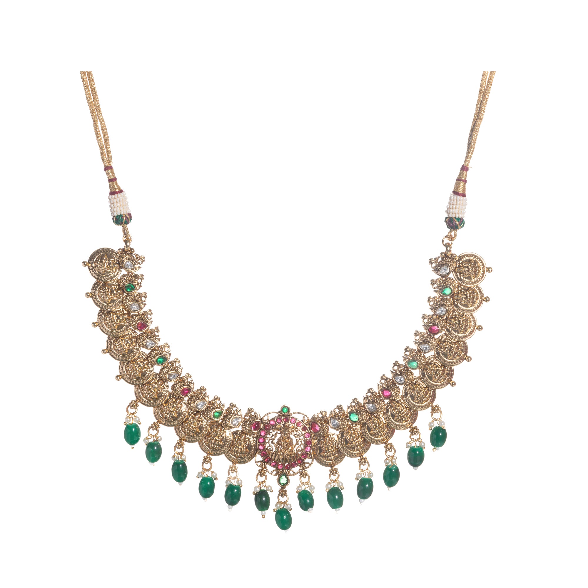 Temple necklace with green Kundan stones radiates vibrant, traditional festival elegance.
