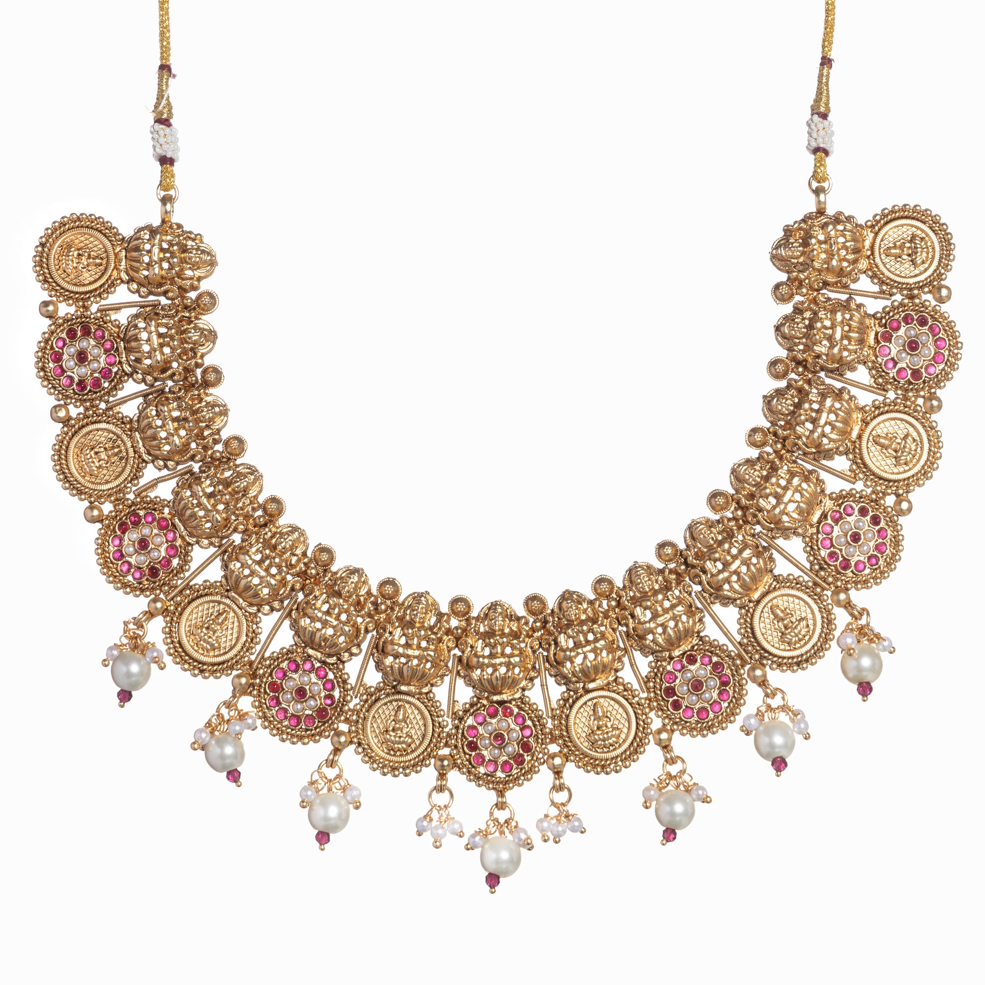 Intricate coin-style temple necklace highlights classic craftsmanship and timeless tradition.