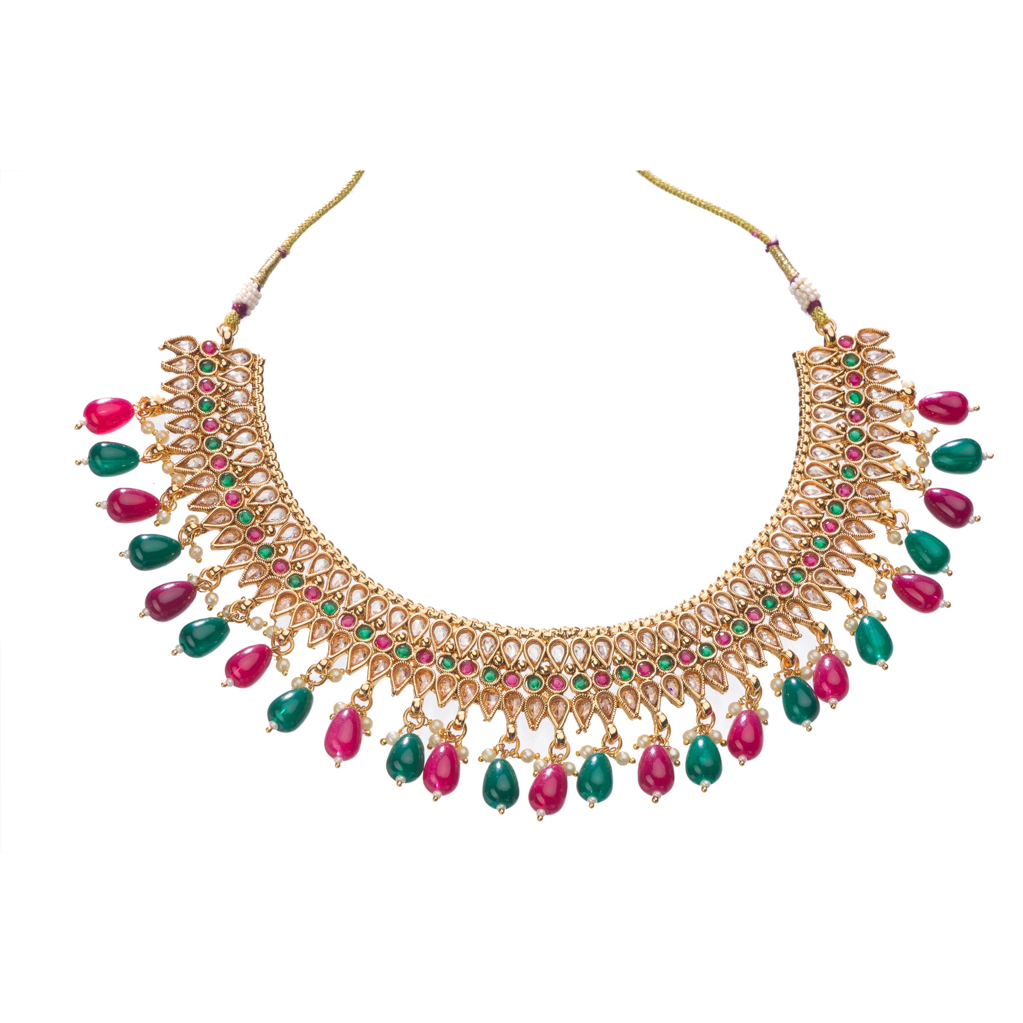Kundan choker with maroon and green stones offers a regal and vibrant festival look.