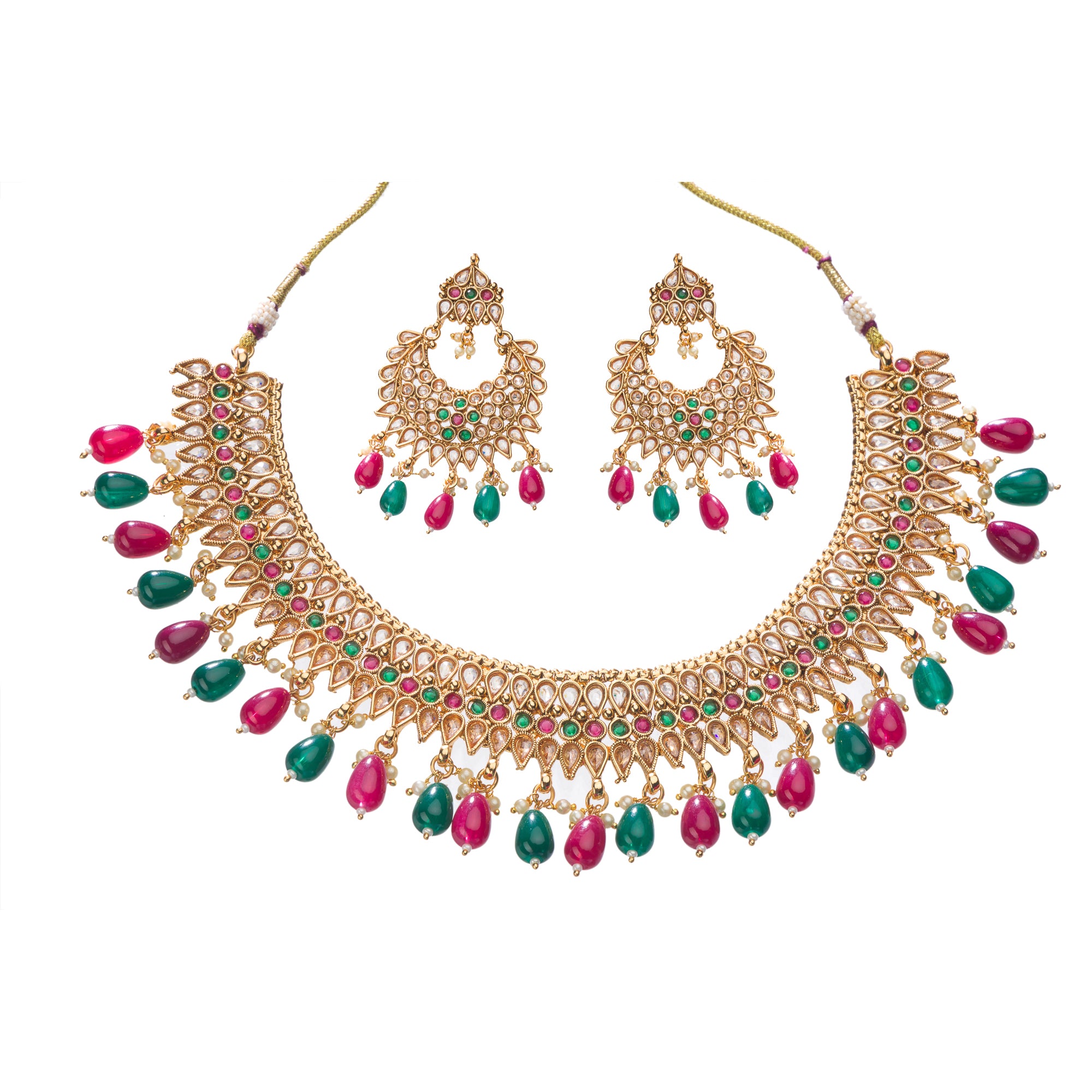 Kundan choker with maroon and green stones offers a regal and vibrant festival look.