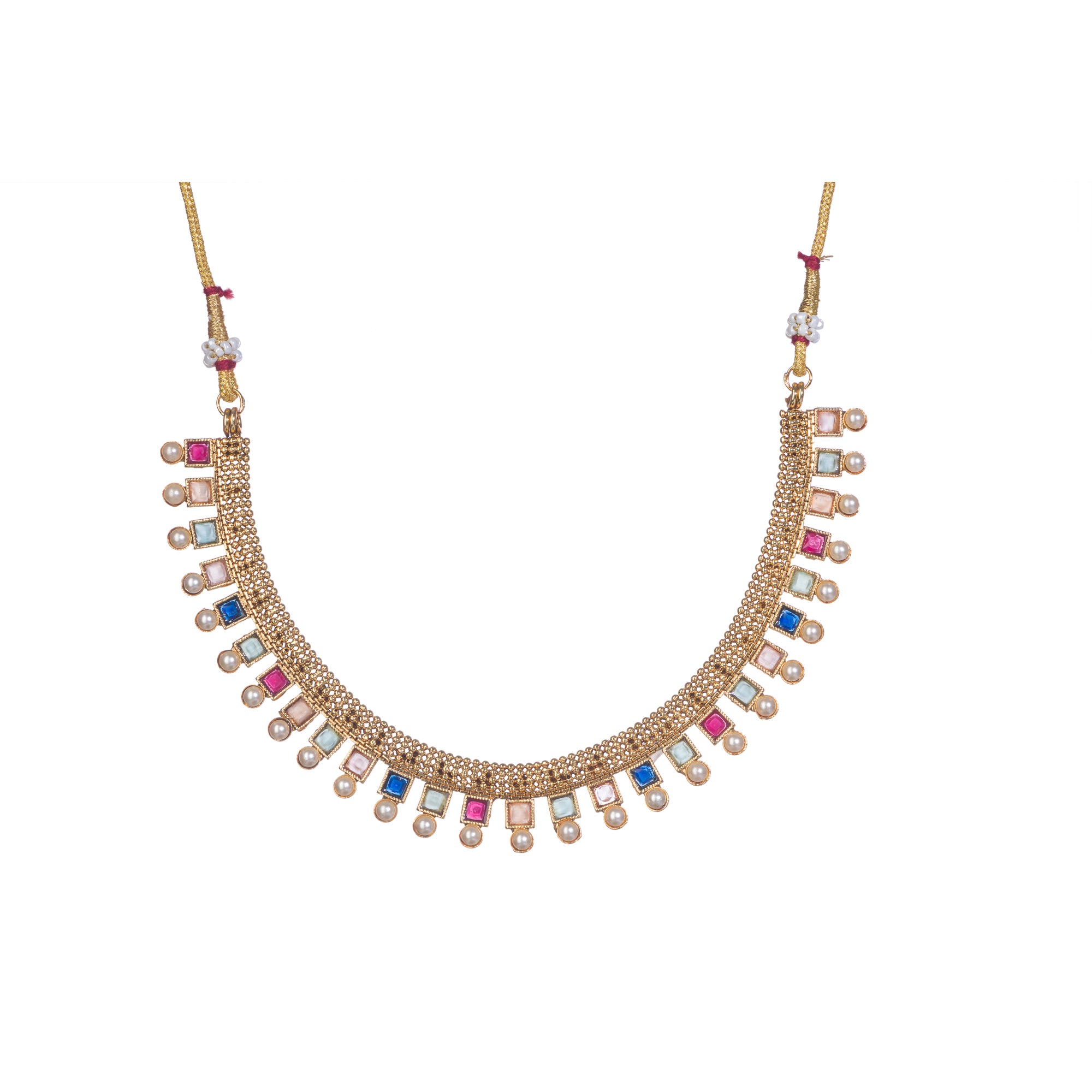 Short necklace with vibrant multi-color stones brings playful flair to festive attire.