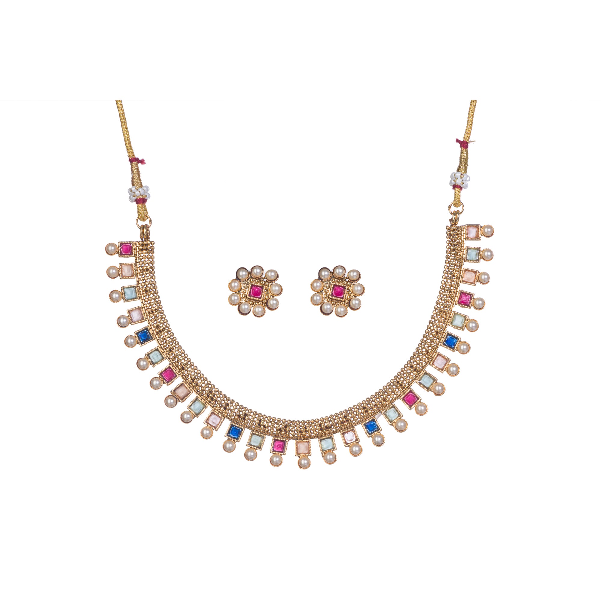 Short necklace with vibrant multi-color stones brings playful flair to festive attire.