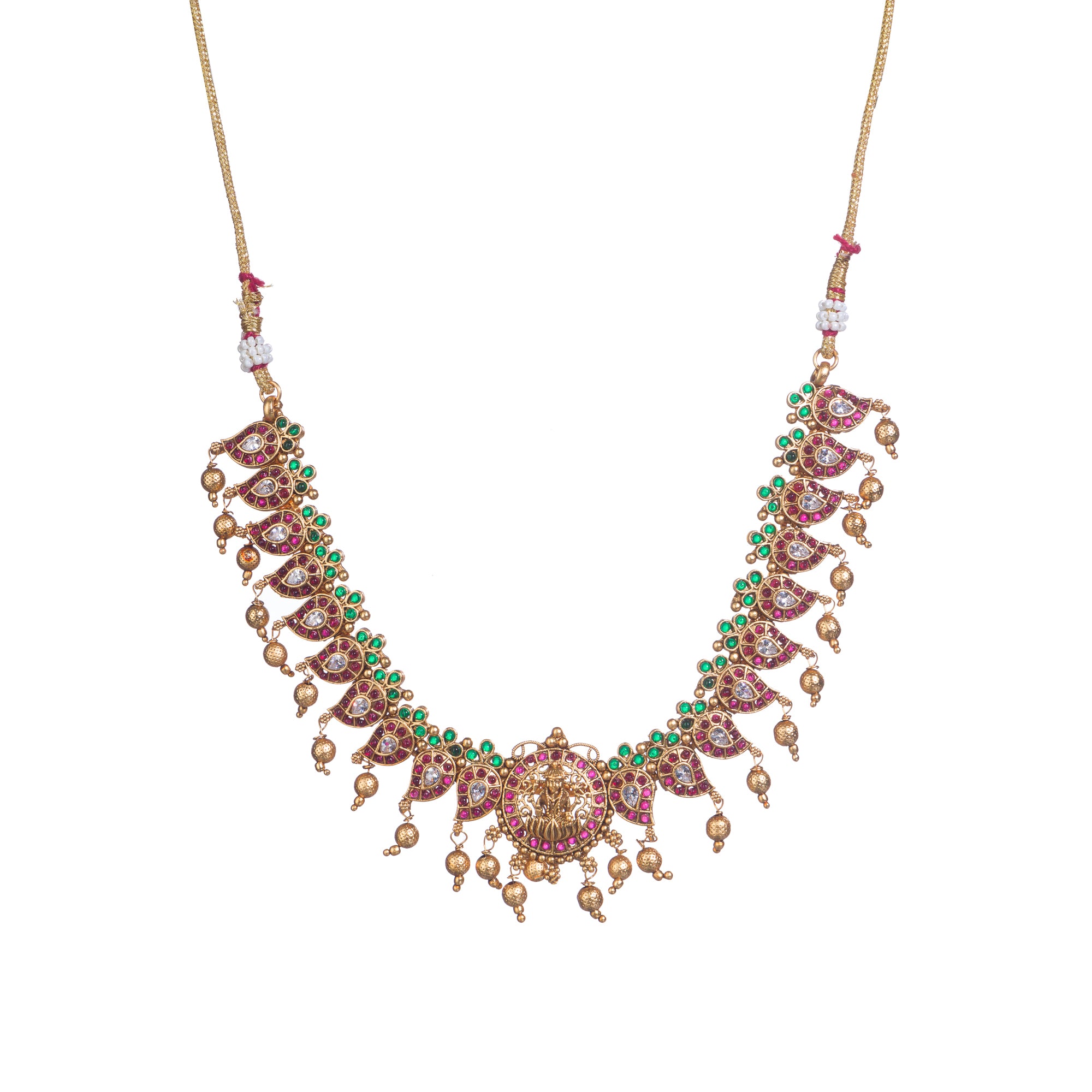 Gold long necklace with multi-color stones exudes vibrant elegance for a festive celebration.