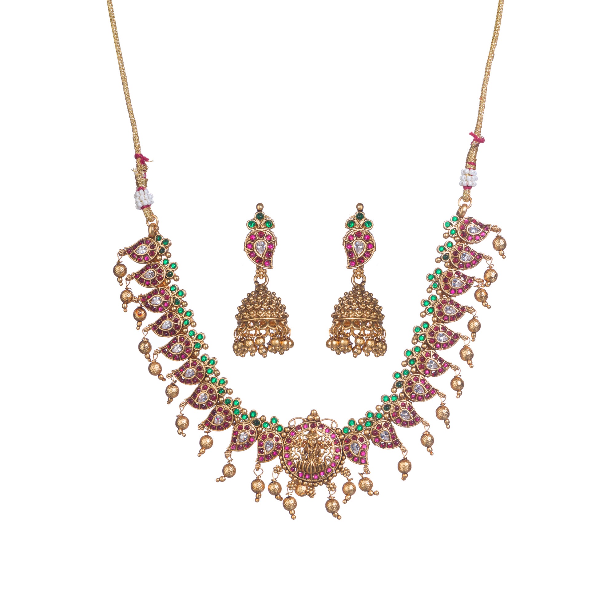 Gold long necklace with multi-color stones exudes vibrant elegance for a festive celebration.