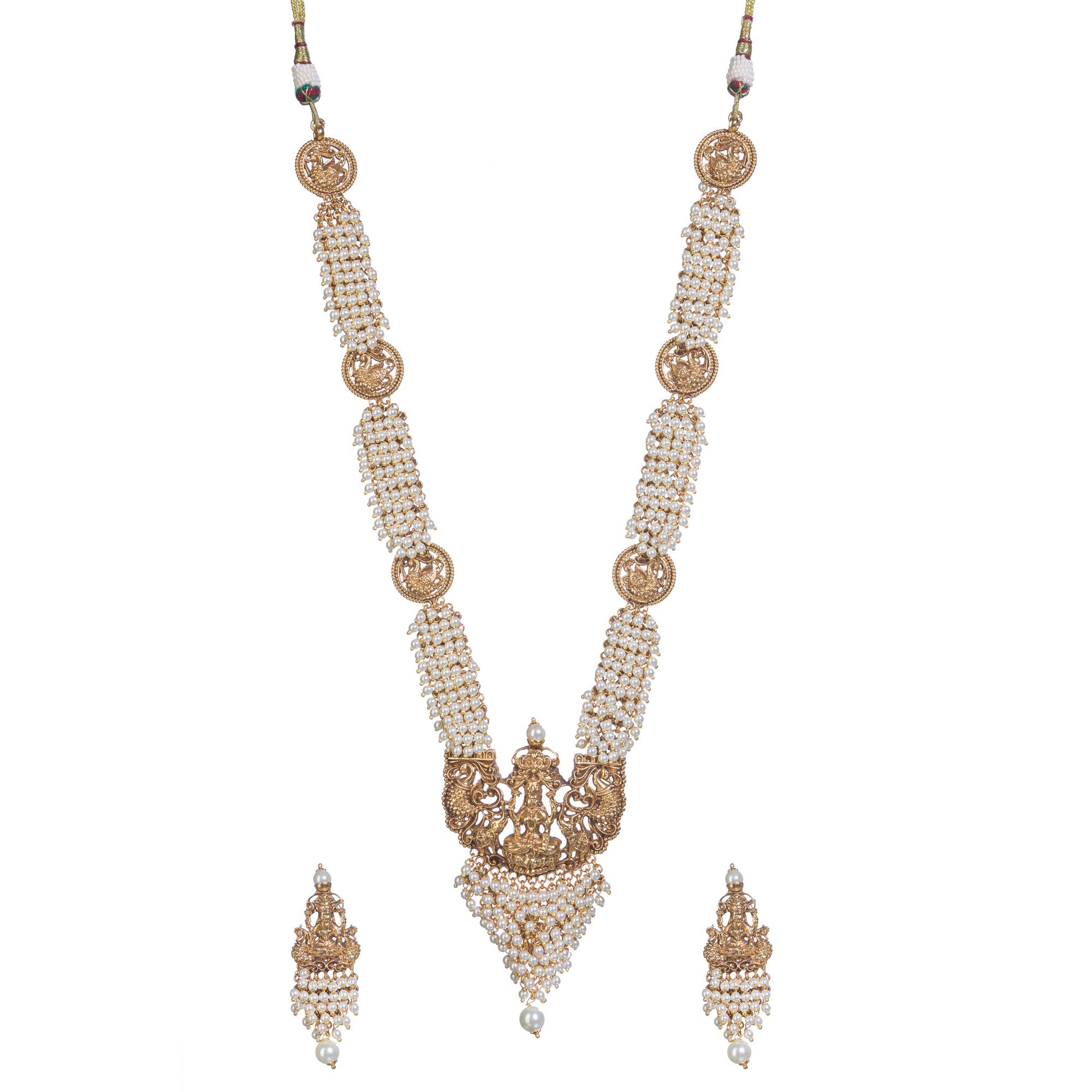 Luxurious temple long necklace with white pearls radiates opulence and refined elegance for festivals.