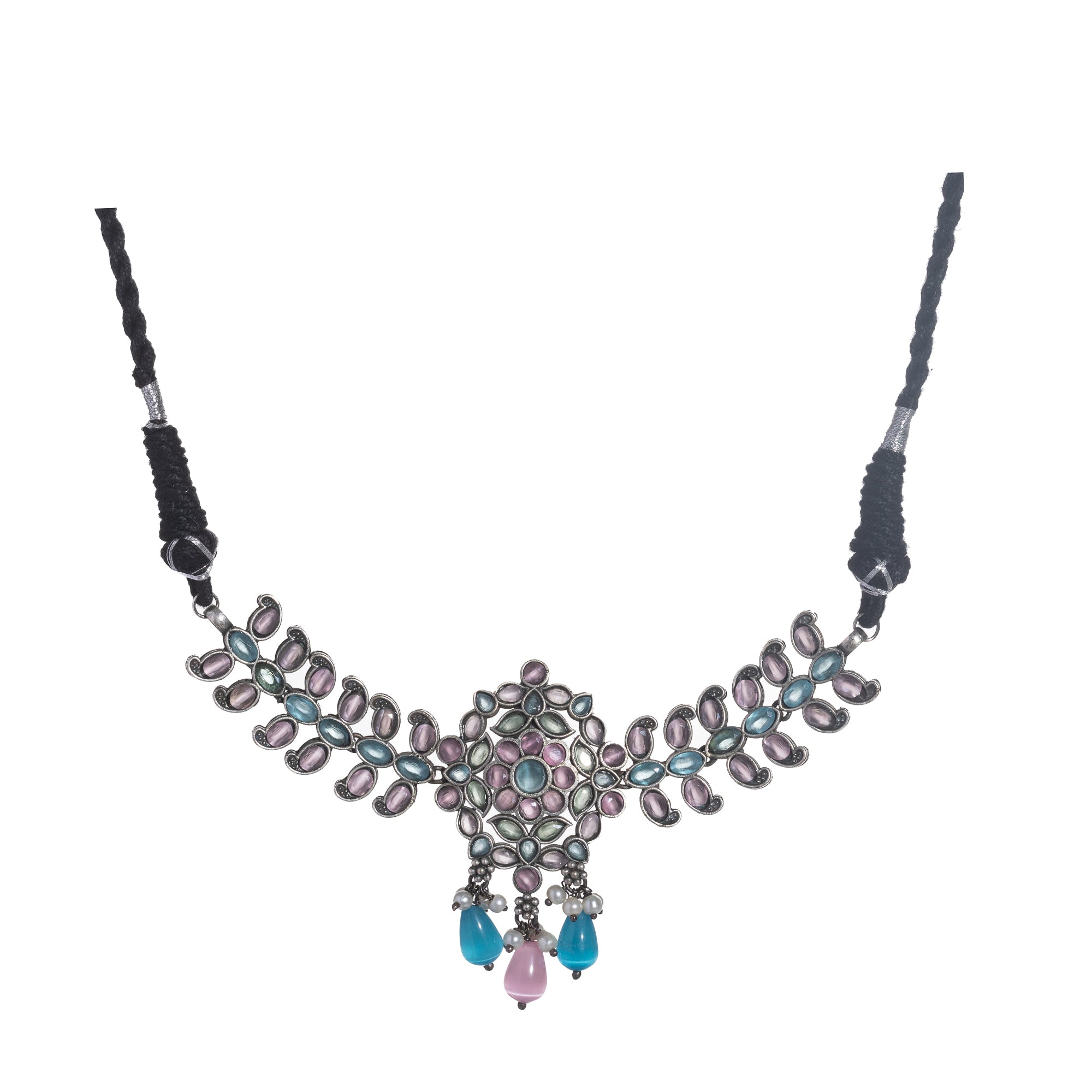 "Oxidized choker with multicolor stones adds a unique and vibrant touch for festive occasions."