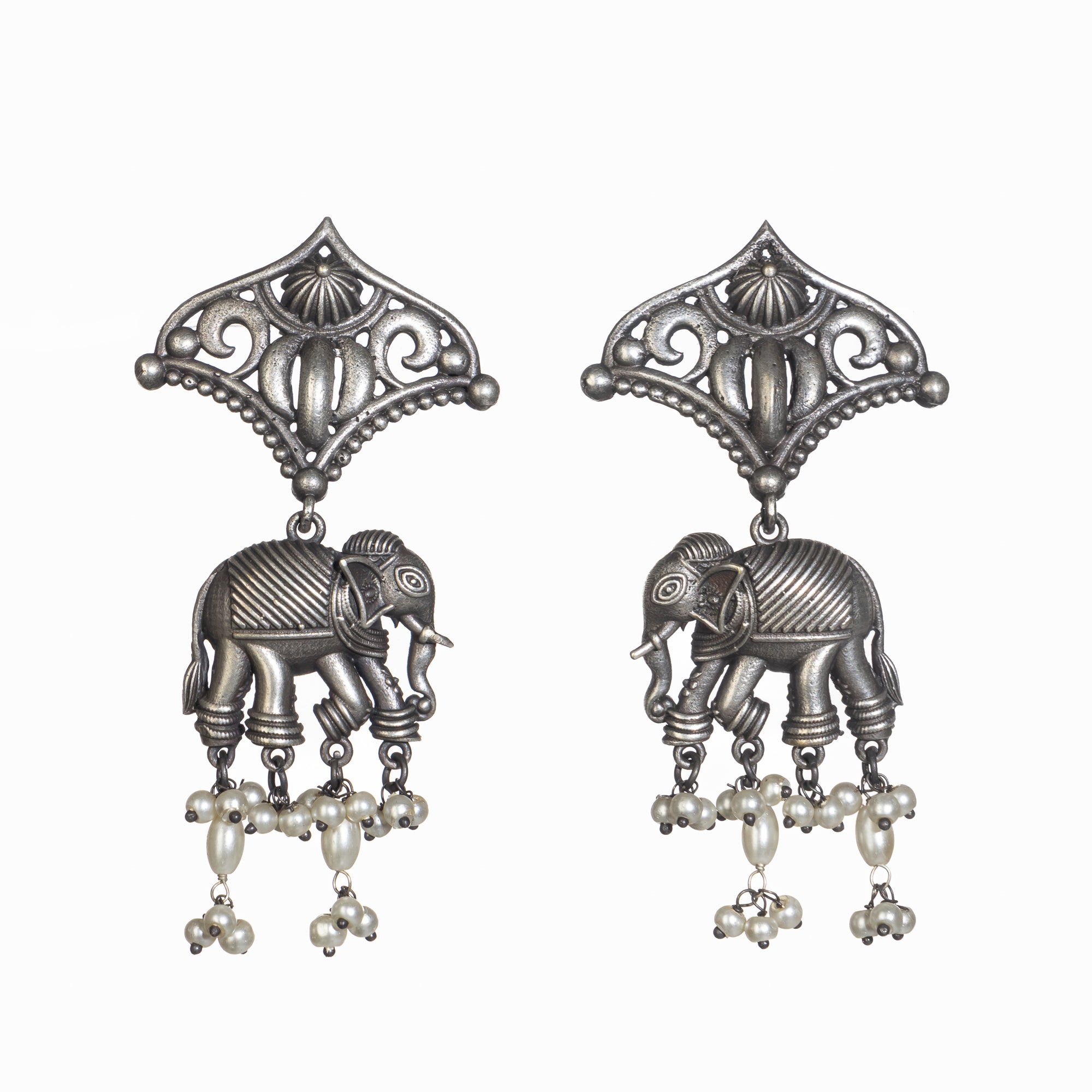 "Oxidized long necklace with umbrella, elephant motifs, and white pearls exudes vintage elegance."