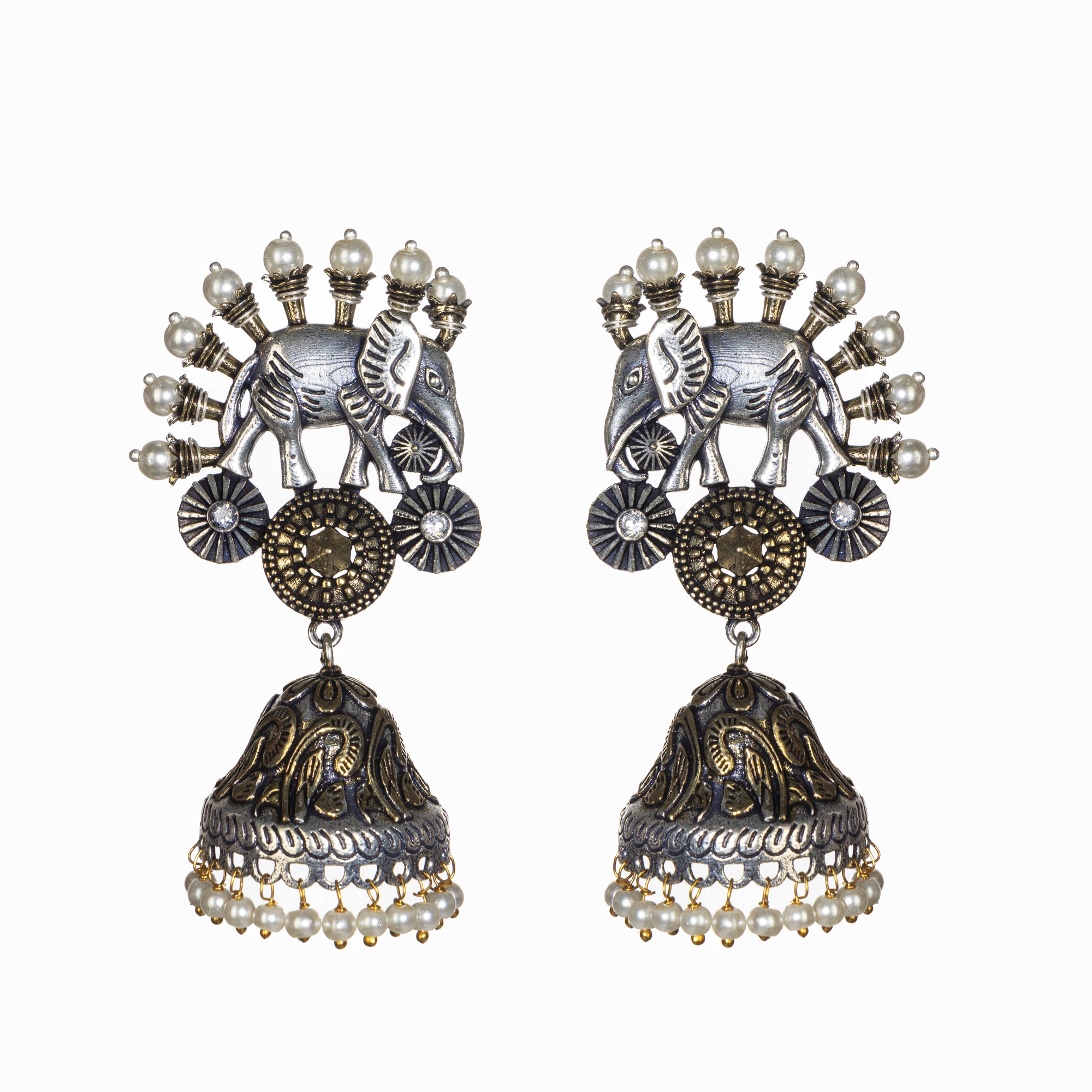 An oxidized dual-colour necklace with elephant and white pearls adds vintage charm and elegance.