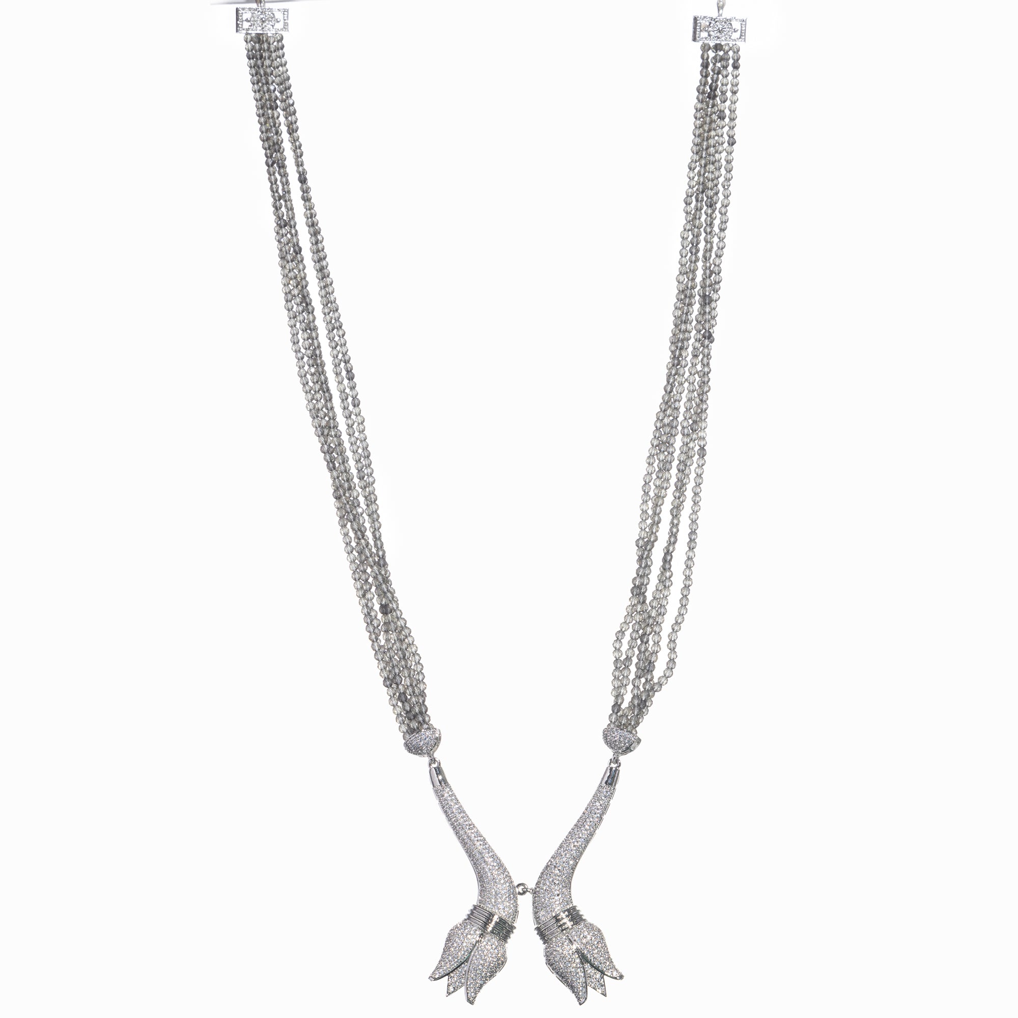 Trendy long grey zircon necklace with silver accents offers sleek, modern sophistication.