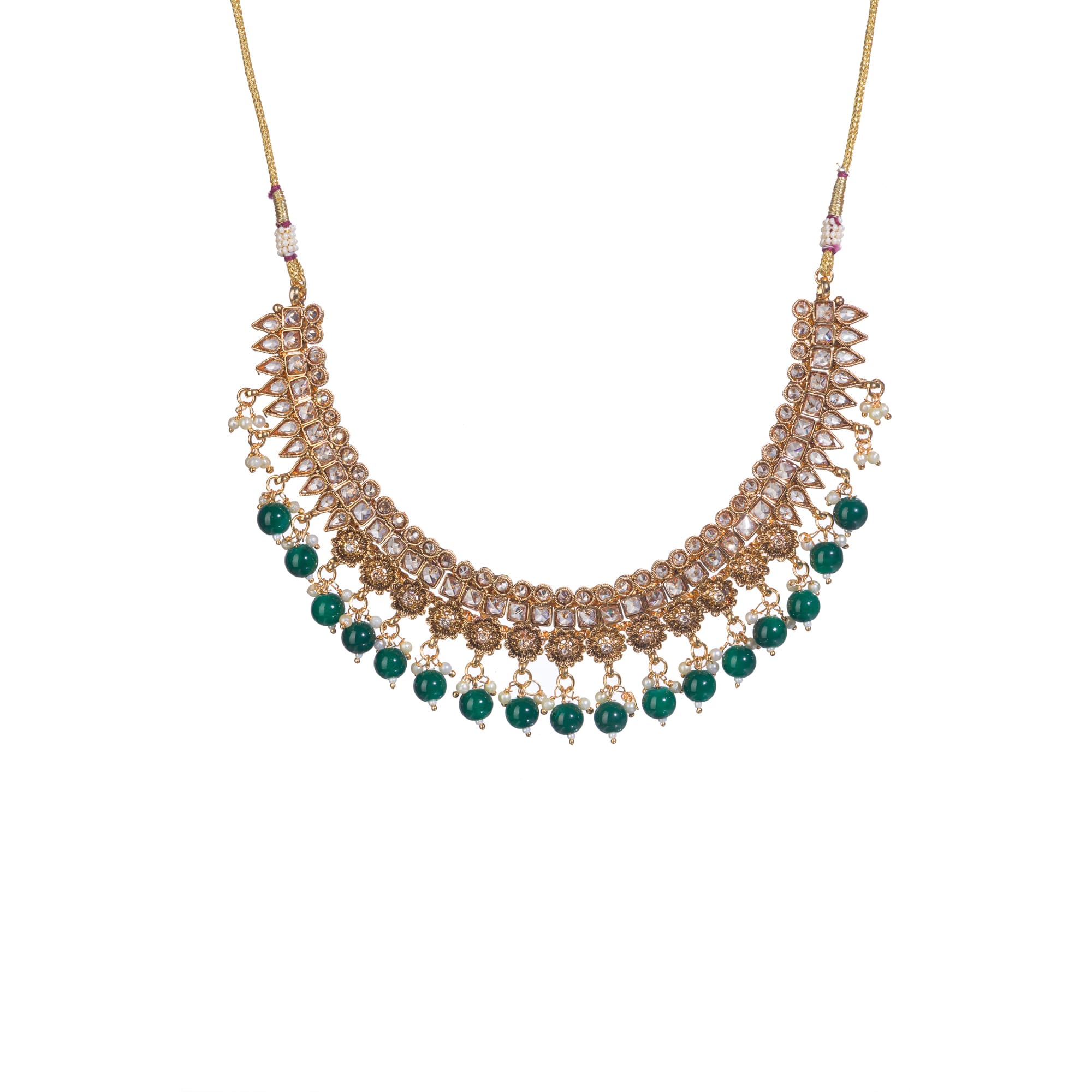 "Stylish gold-tone necklace with green Kundan for vibrant, elegant appeal."