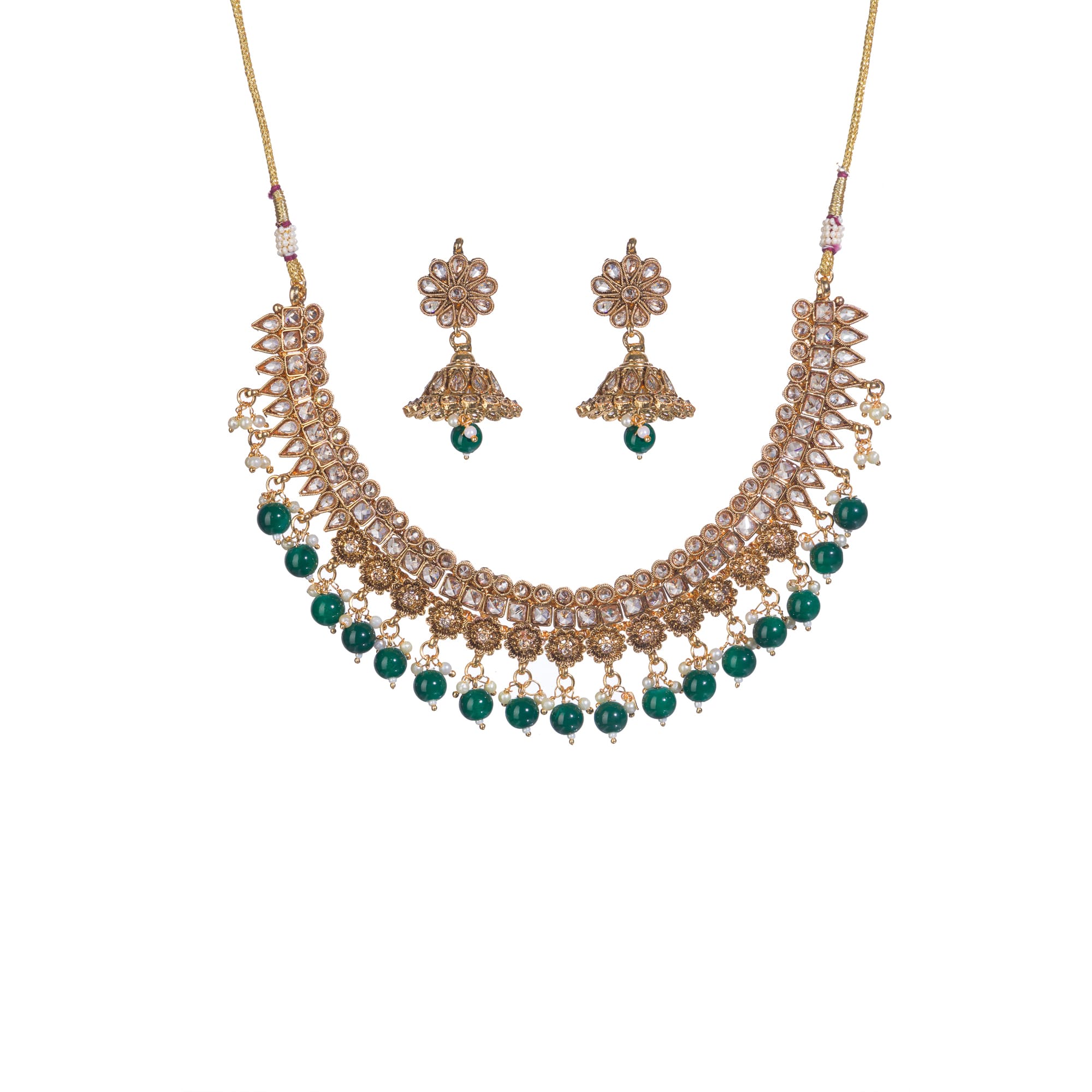 "Stylish gold-tone necklace with green Kundan for vibrant, elegant appeal."