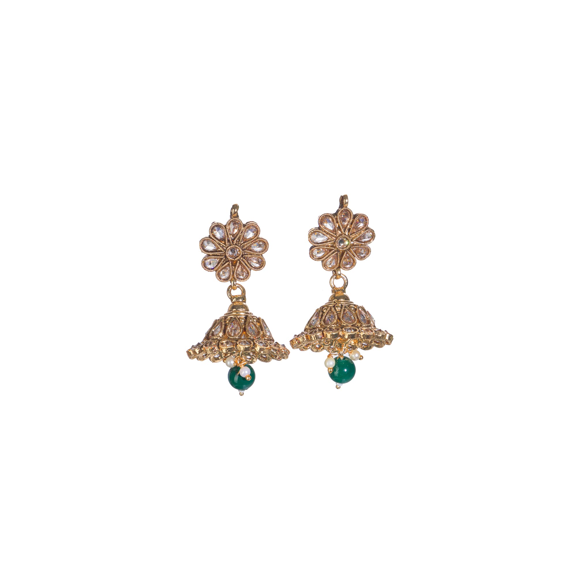 "Stylish gold-tone necklace with green Kundan for vibrant, elegant appeal."