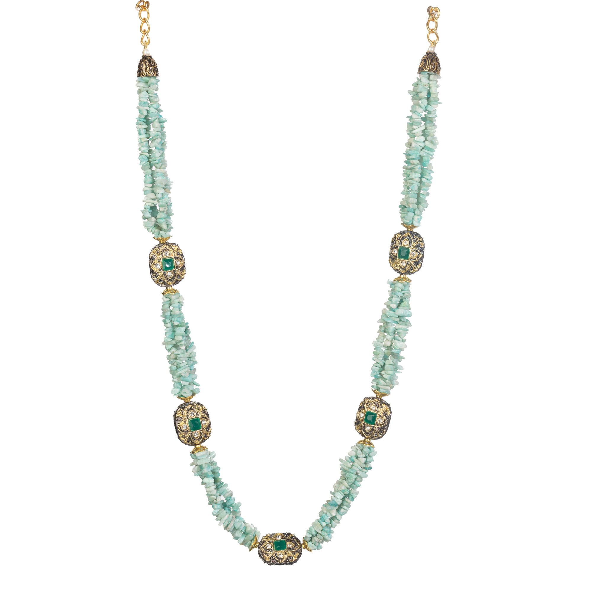 "Gold-tone long necklace with green sea stone offers a refreshing, natural touch."