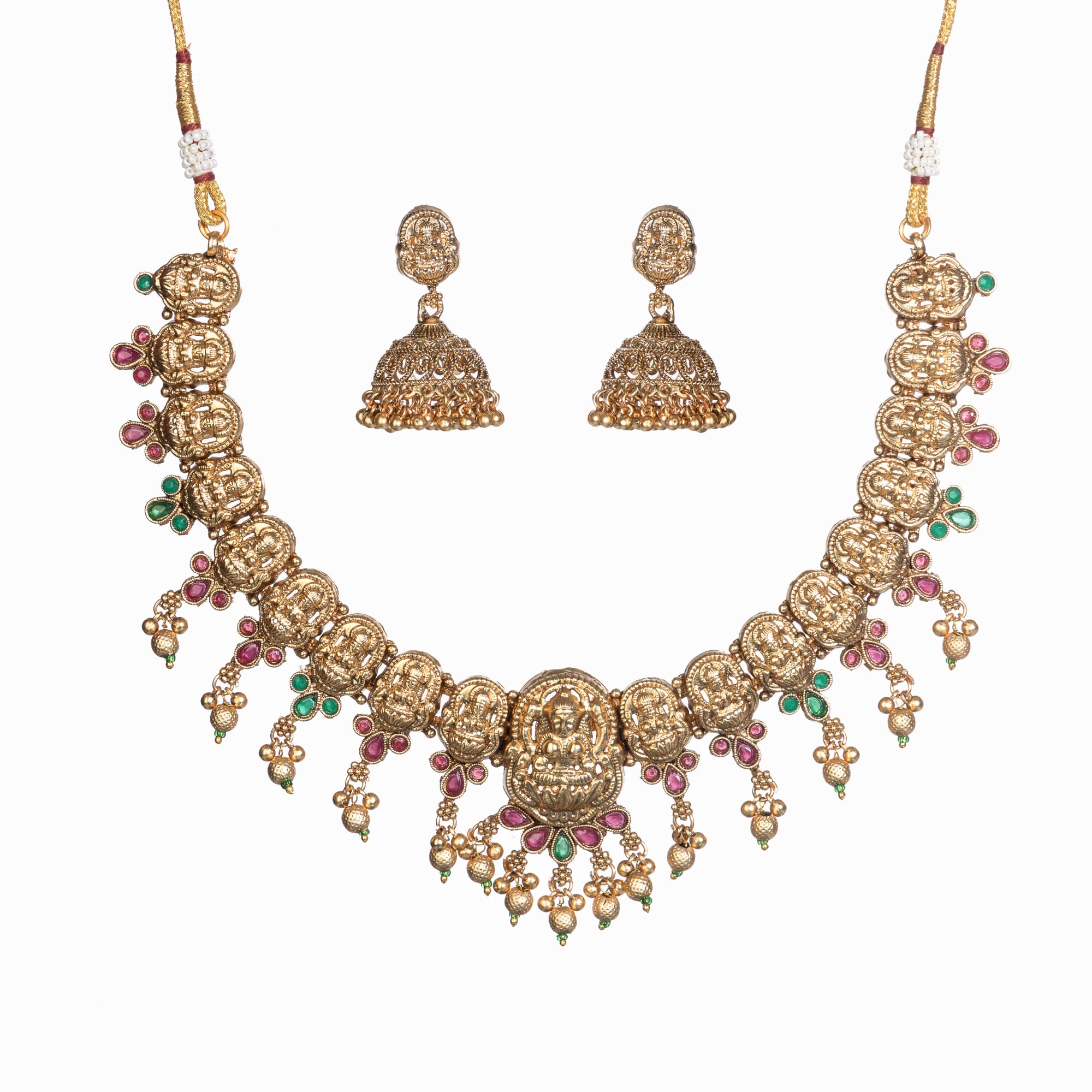 Gold-tone temple necklace set with golden beads offers timeless elegance