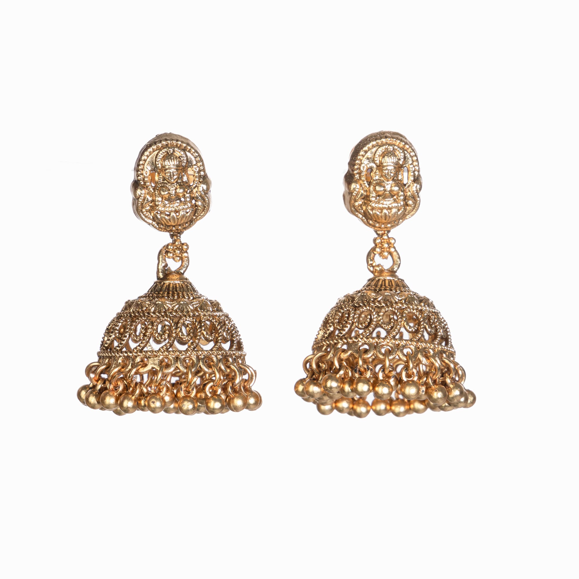 Gold-tone temple necklace set with golden beads offers timeless elegance