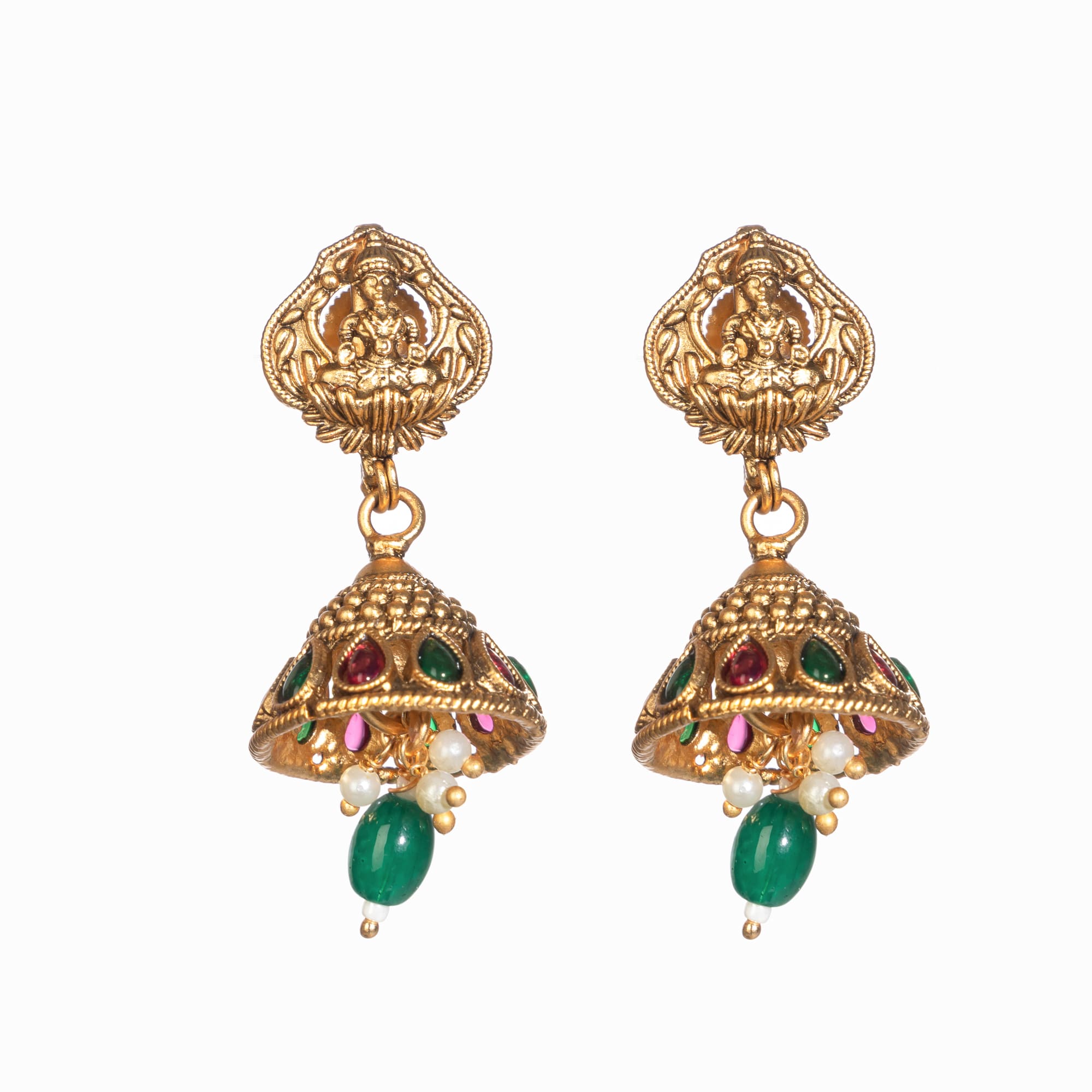 "Gold-tone necklace with white pearl and green Kundan for a timeless traditional look."