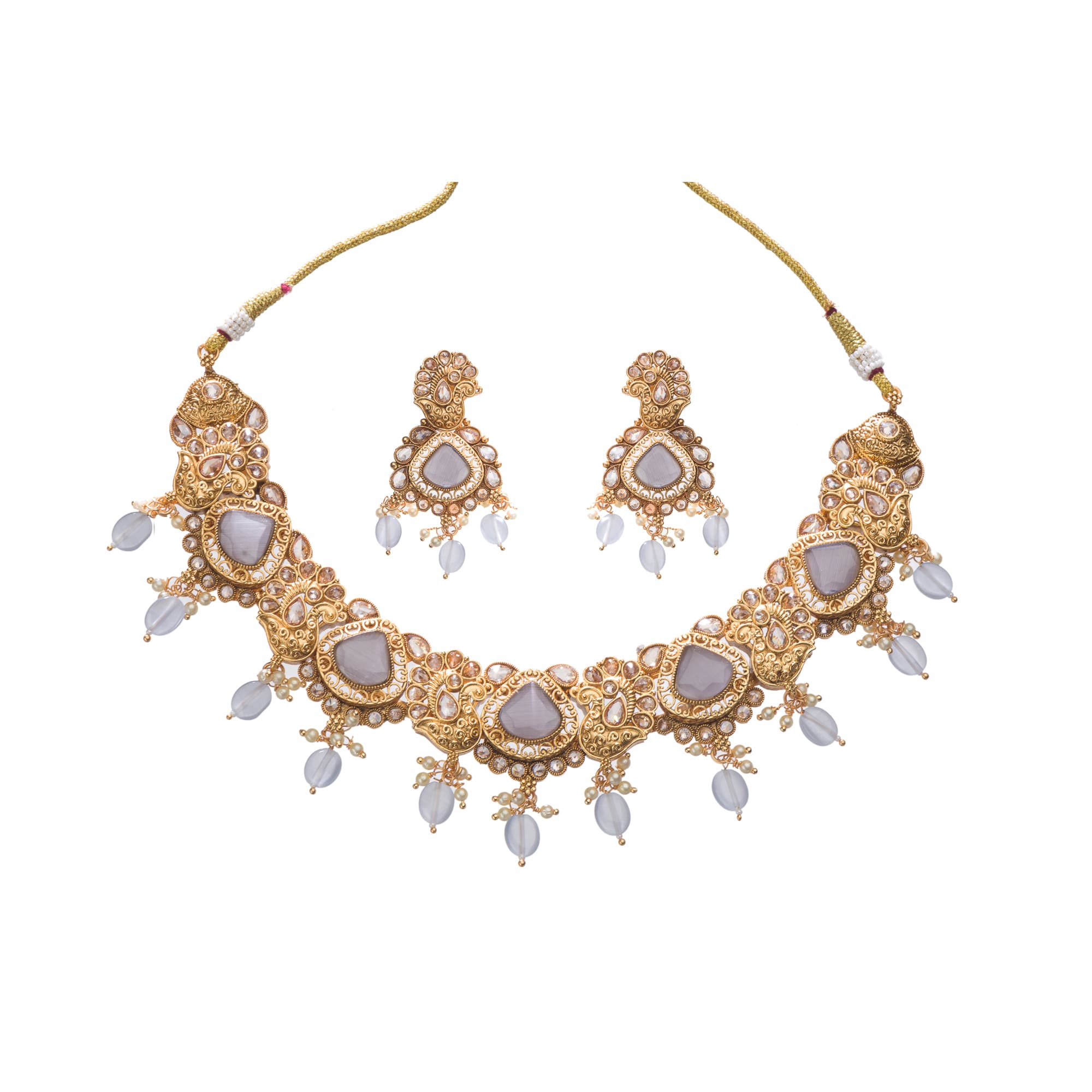 "Gold-tone necklace with grey stones and Kundan for a chic, modern appeal."