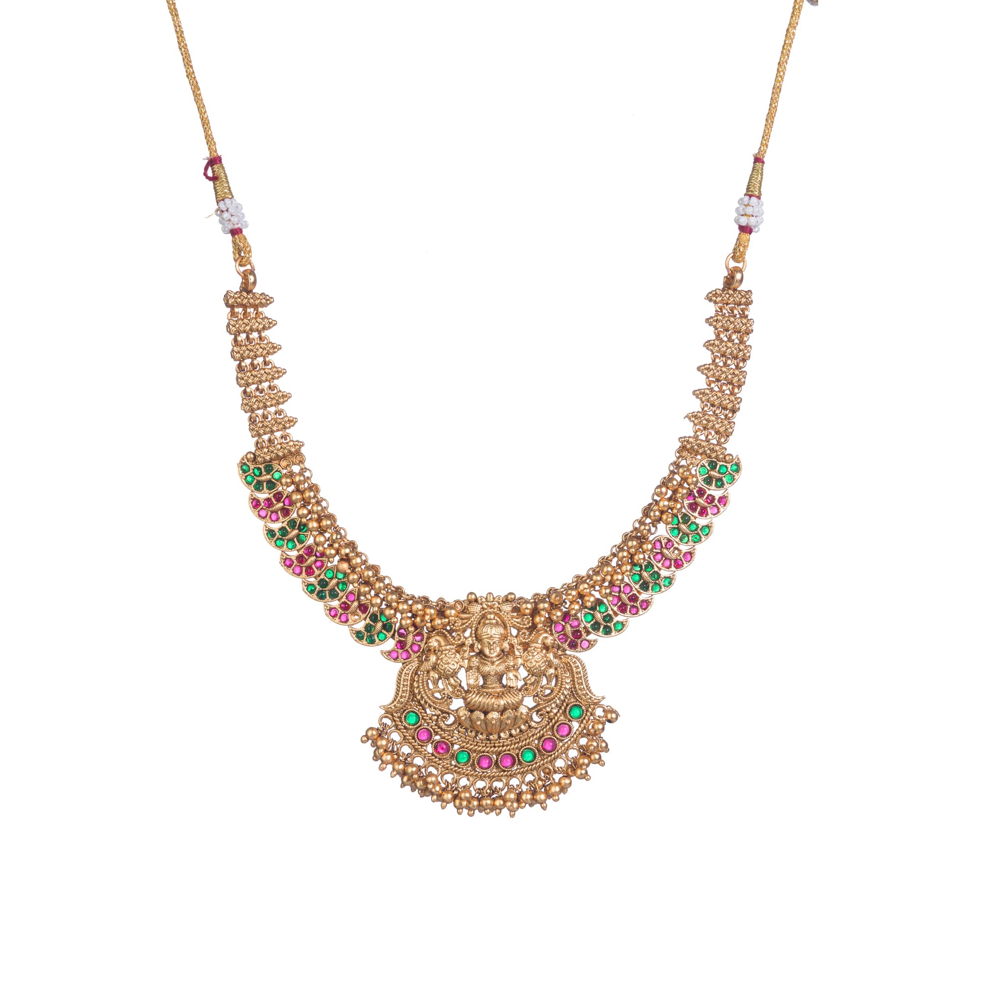 Traditional short temple necklace set, showcasing intricate craftsmanship and charm.