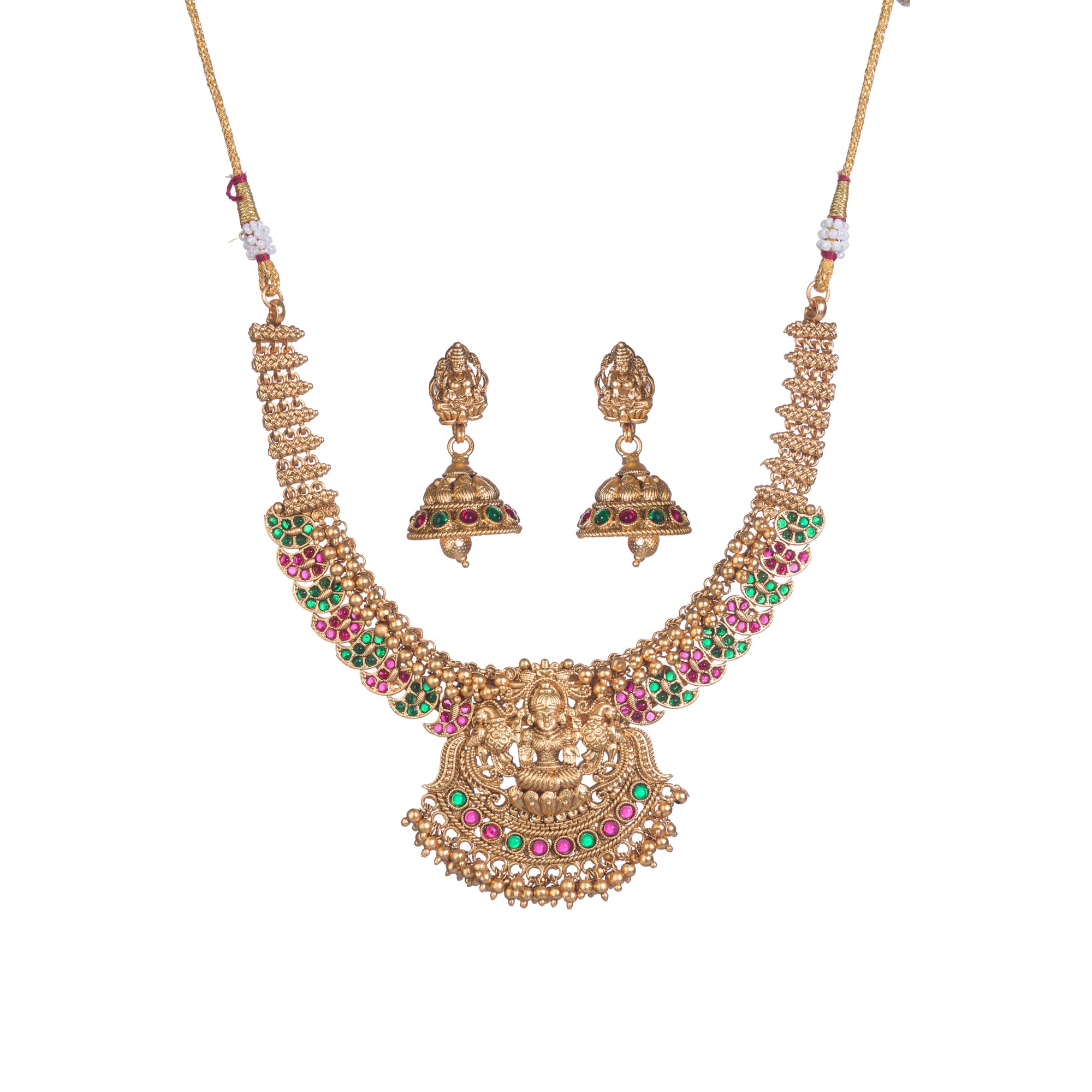 Traditional short temple necklace set, showcasing intricate craftsmanship and charm.