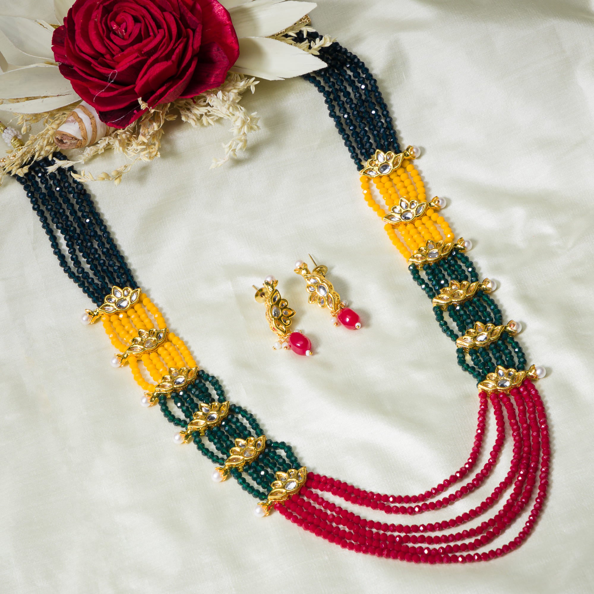 "Multi-color pearl long necklace set for a vibrant and elegant look."